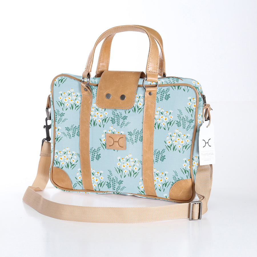 Kids Laptop Bag 15’ | Laminated Fabric with Genuine Leather Crazy Daisy - Sage Laptop Fabric Bag by Thandana