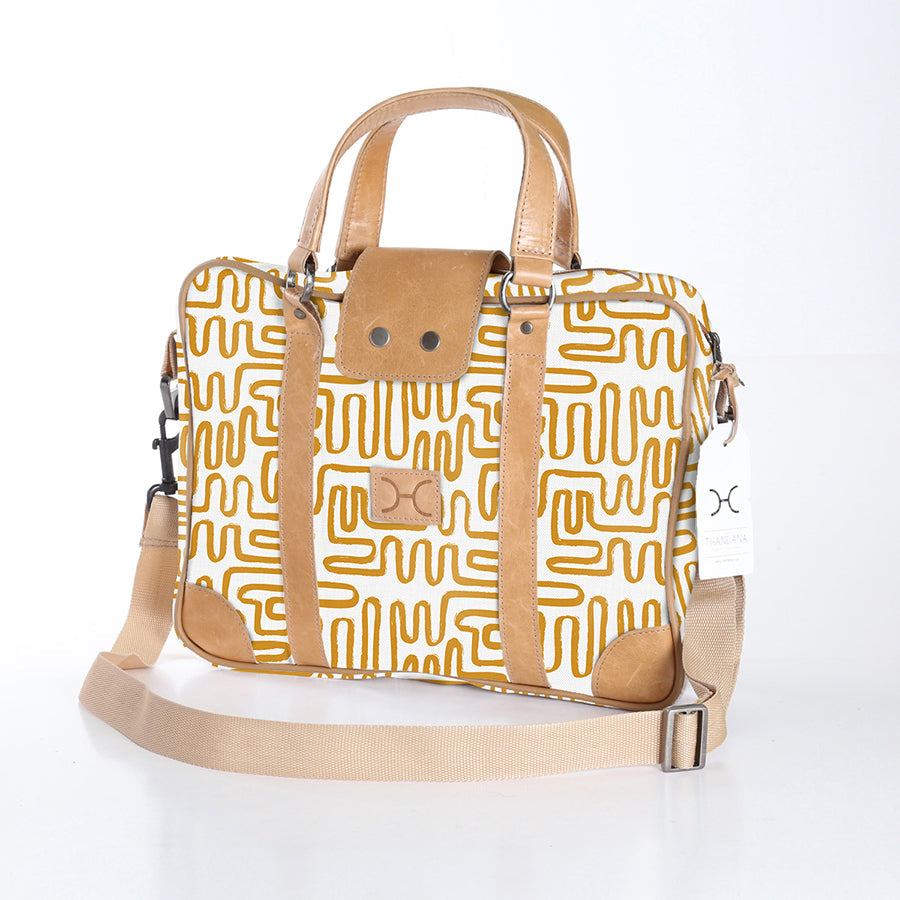 Kids Laptop Bag 15’ | Laminated Fabric with Genuine Leather Geo - Sand Laptop Fabric Bag by Thandana