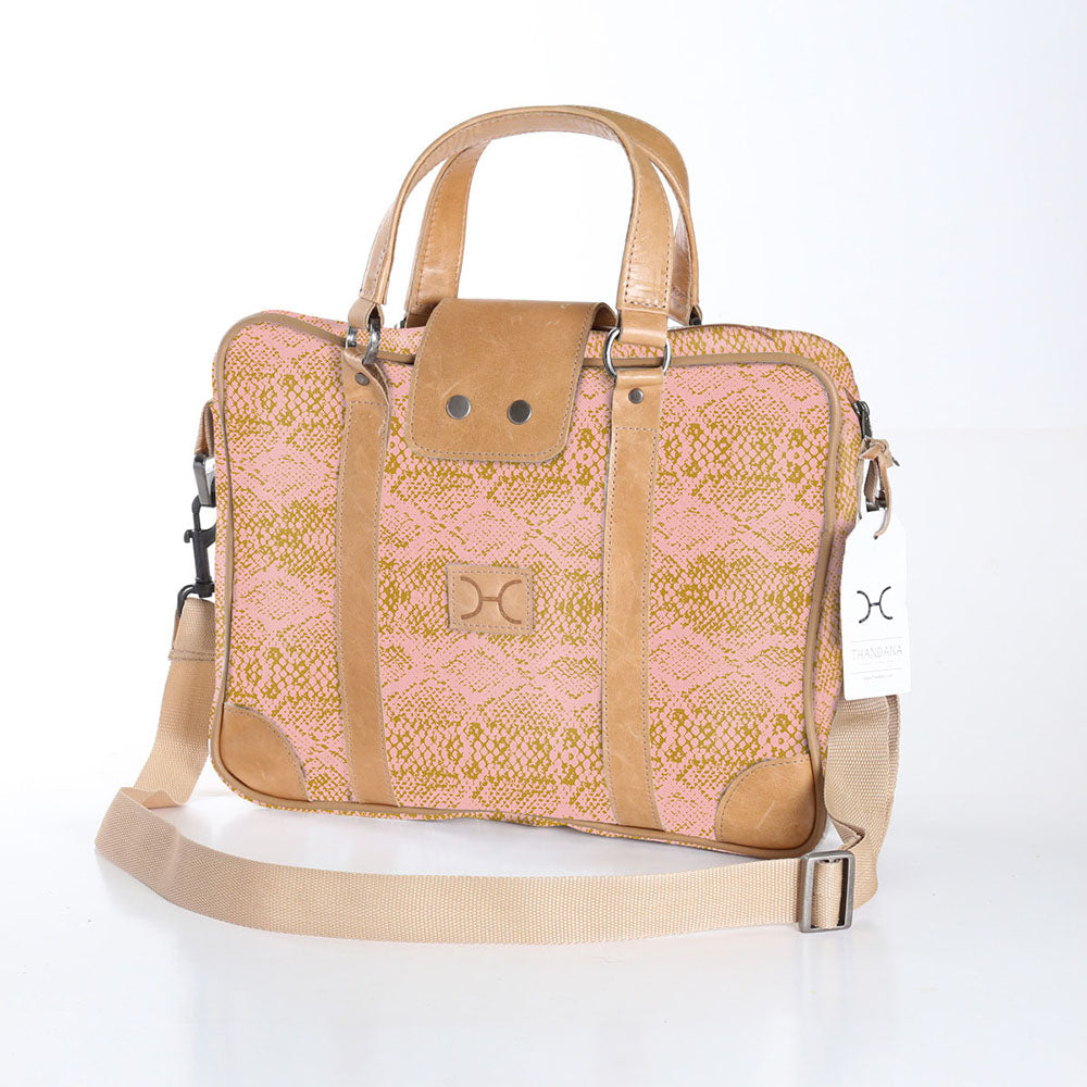 Kids Laptop Bag 15’ | Laminated Fabric with Genuine Leather Python - Bloom Laptop Fabric Bag by Thandana