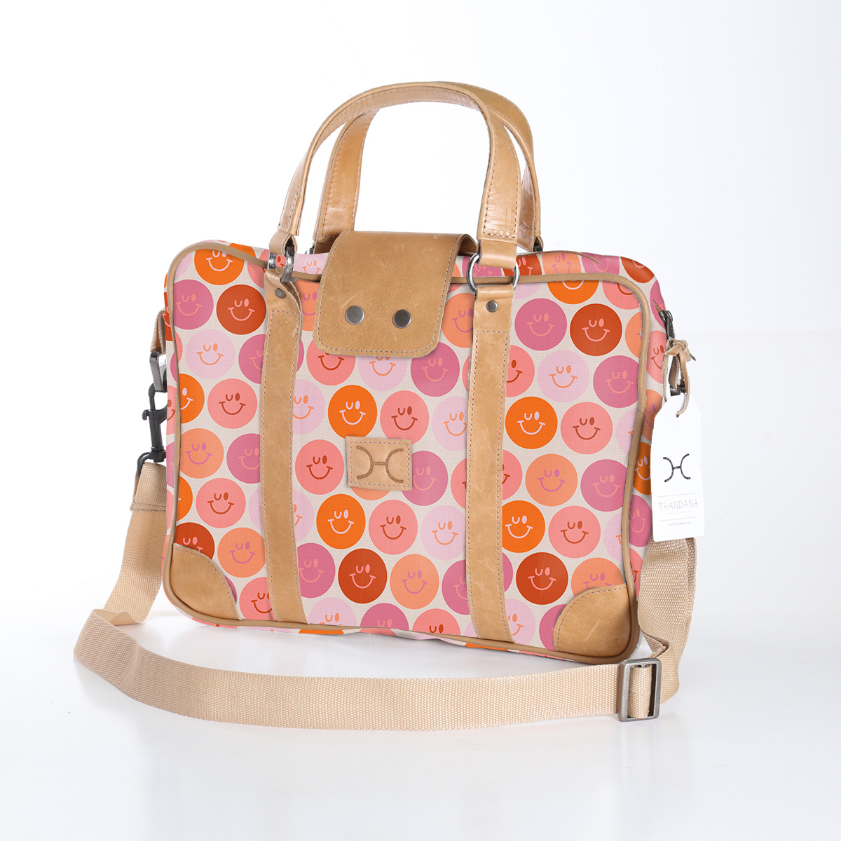 Kids Laptop Bag 15’ | Laminated Fabric with Genuine Leather Smiley - Blush Laptop Fabric Bag by Thandana