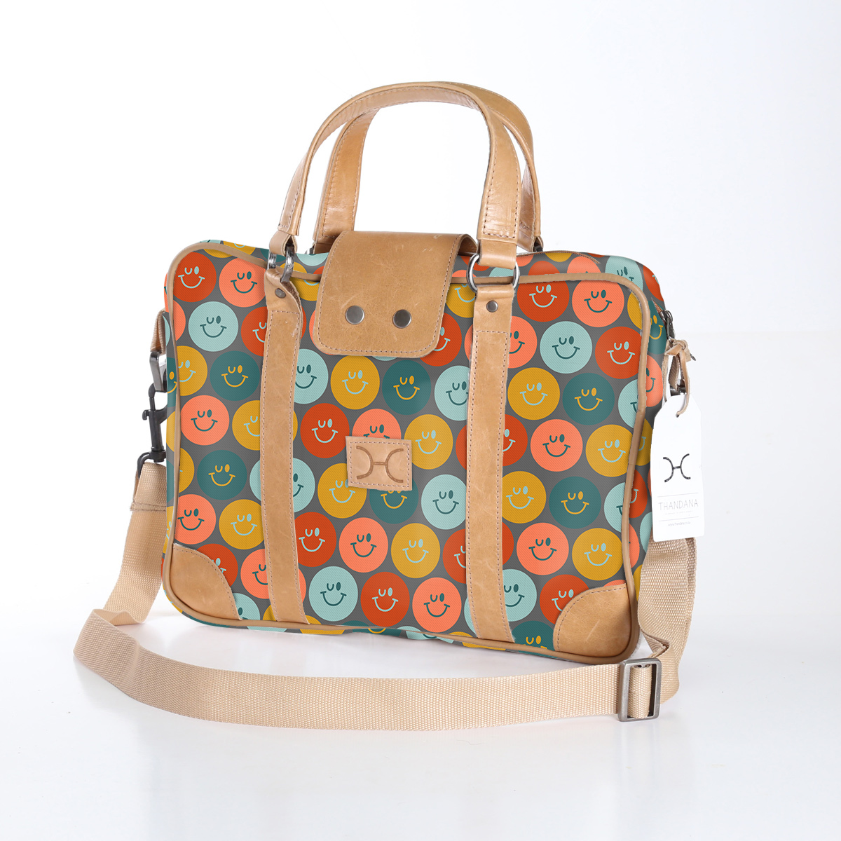 Kids Laptop Bag 15’ | Laminated Fabric with Genuine Leather Smiley - Jet Laptop Fabric Bag by Thandana