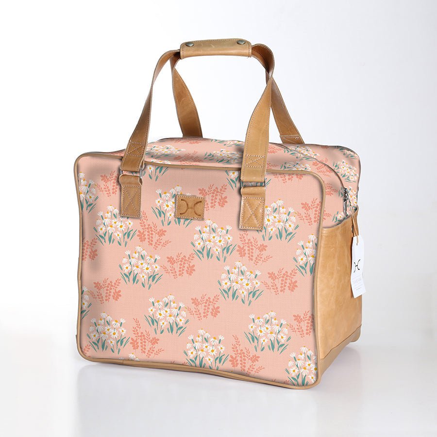 Kids large weekender luggage | laminated fabric with genuine leather - crazy daisy - blush - large weekender luggage bag