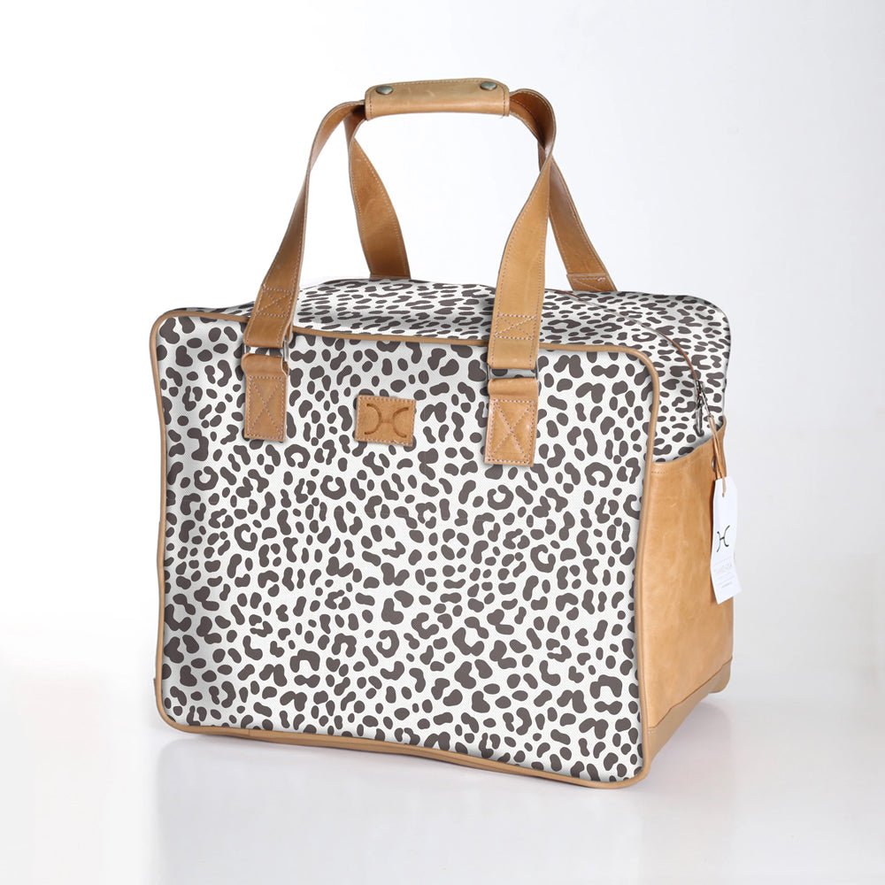Kids large weekender luggage | laminated fabric with genuine leather - cheetah - white - large weekender luggage bag