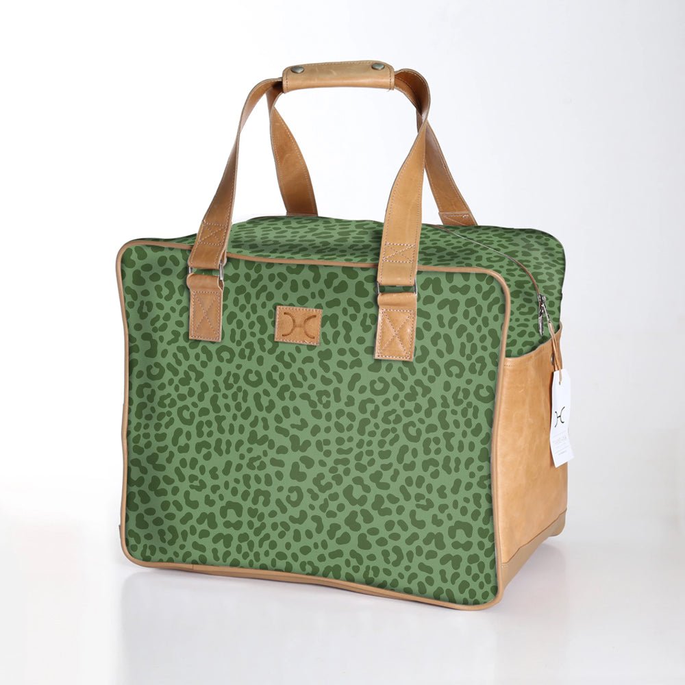 Kids large weekender luggage | laminated fabric with genuine leather - cheetah - olive - large weekender luggage bag