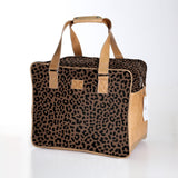 Kids large weekender luggage | laminated fabric with genuine leather - cheetah - coffee - large weekender luggage bag