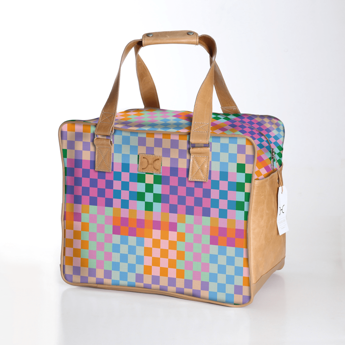 Kids large weekender luggage | laminated fabric with genuine leather - checker - preppy - large weekender luggage bag