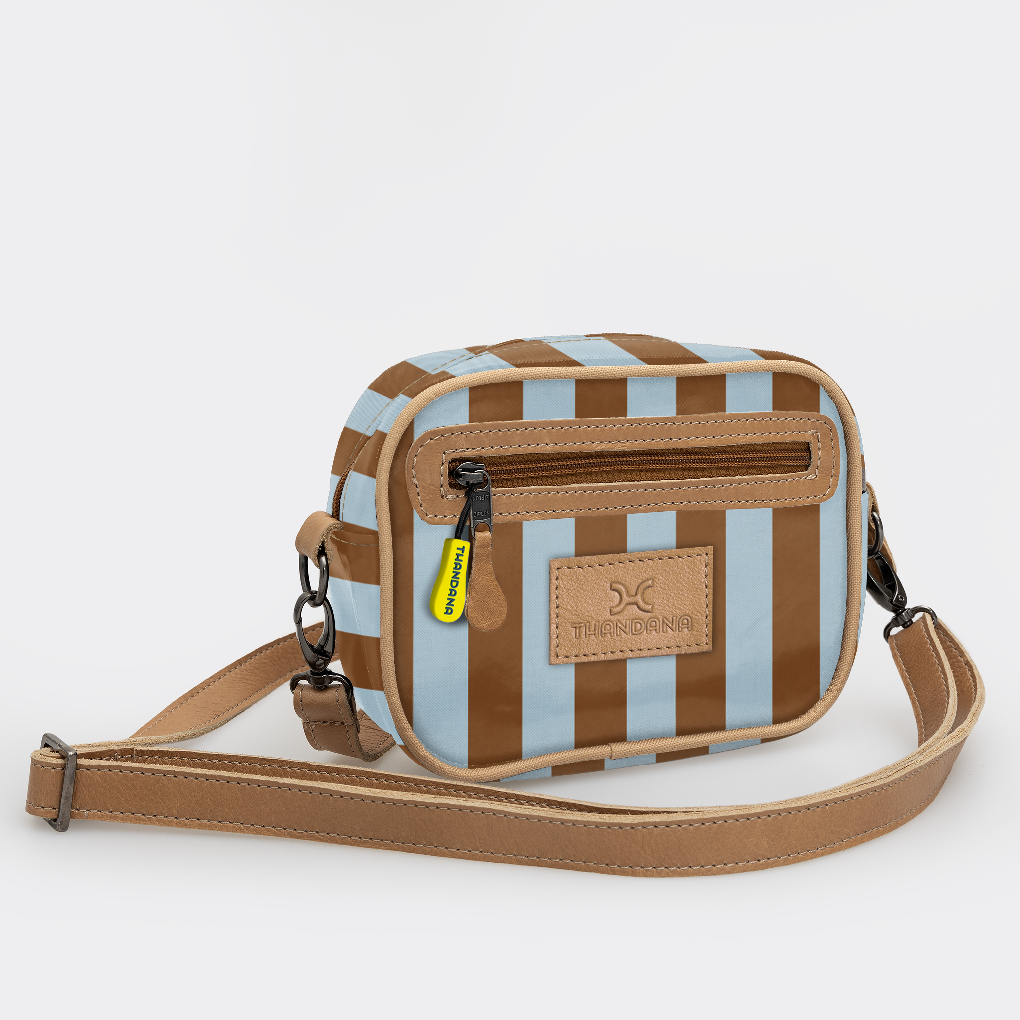 Kids Lipstick Bag | Laminated Fabric with Genuine Leather Coastal Stripe - Blue Lipstick Bag by Thandana