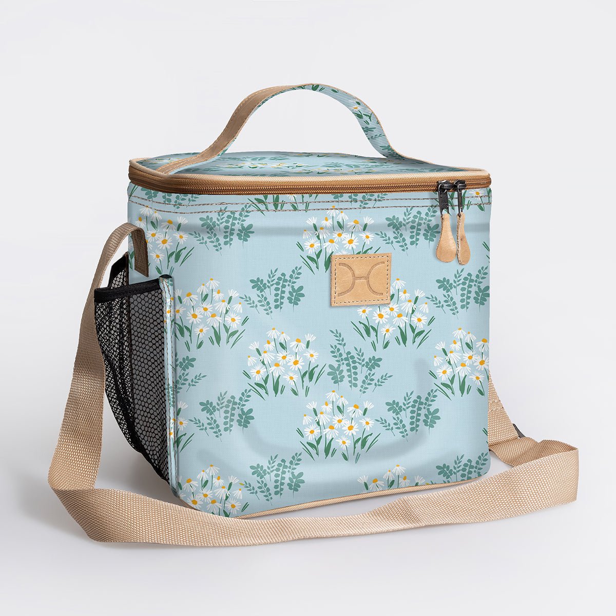 Kids Lunch Box Cooler | Laminated Fabric with Genuine Leather Crazy Daisy - Sage Caddy Cooler by Thandana