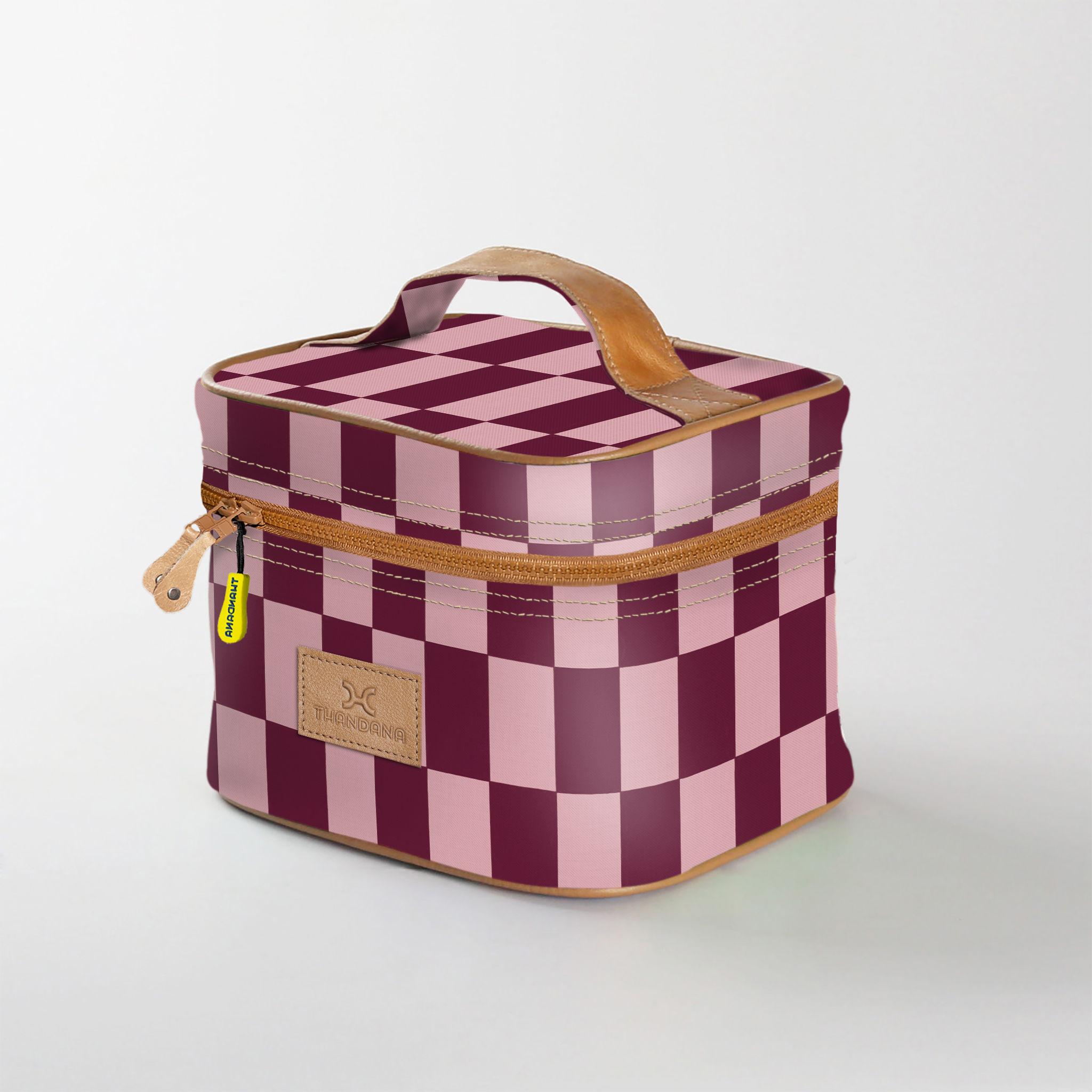 Kids Mini Decker Cooler | Laminated Fabric with Genuine Leather Checkmate - Cherry Mini Double Decker Cooler by Thandana