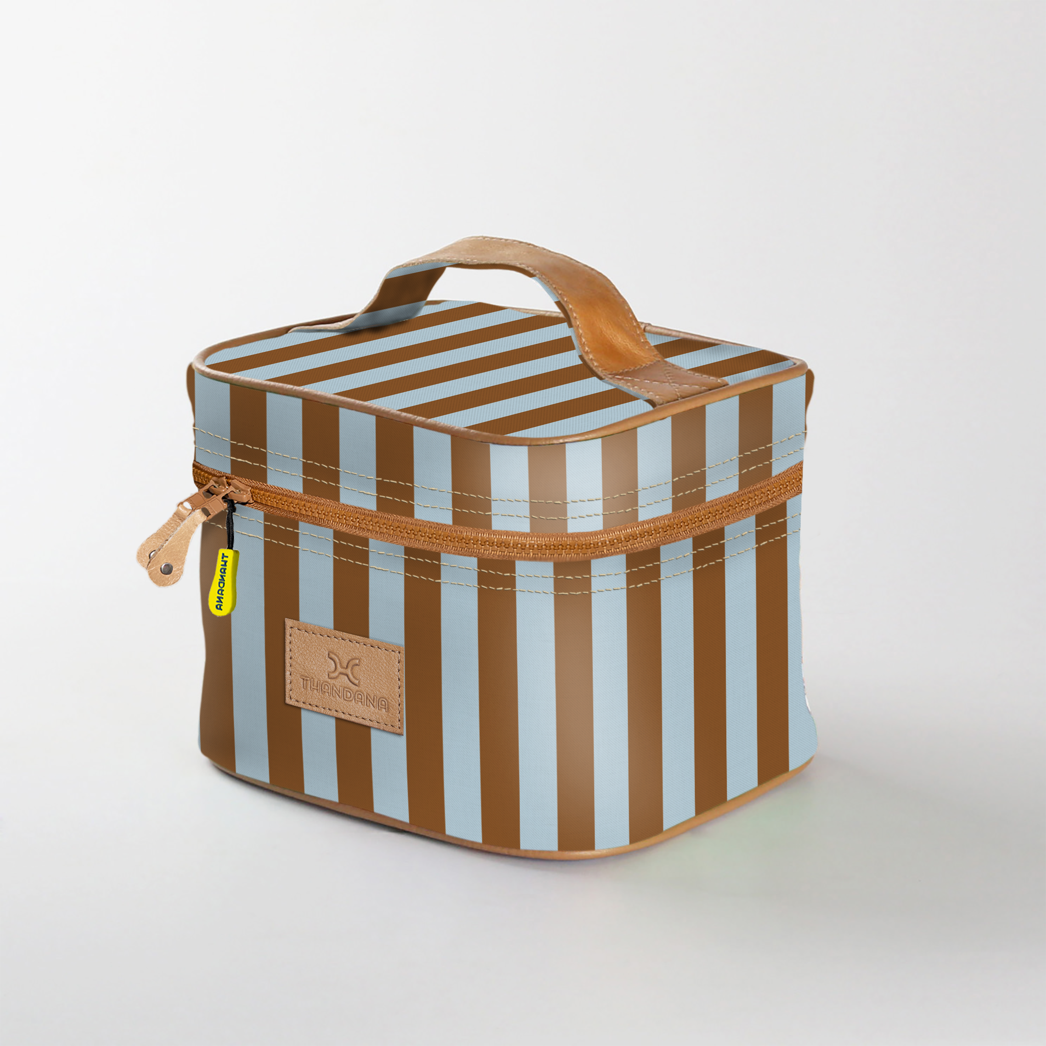 Kids Mini Decker Cooler | Laminated Fabric with Genuine Leather Coastal Stripe - Blue Mini Double Decker Cooler