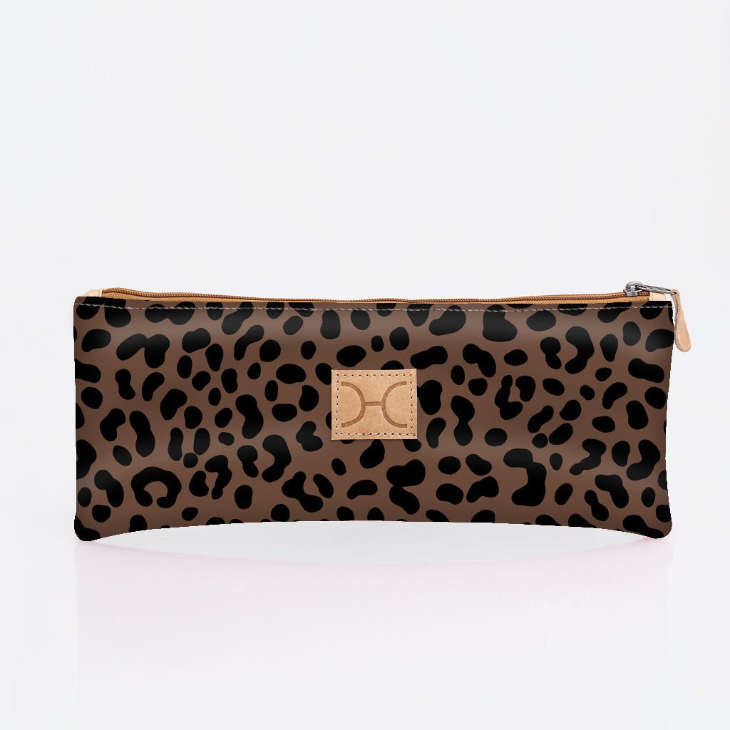 Kids Pencil Case Triple Zip | Laminated Fabric Cheetah - Coffee Pencil Case by Thandana
