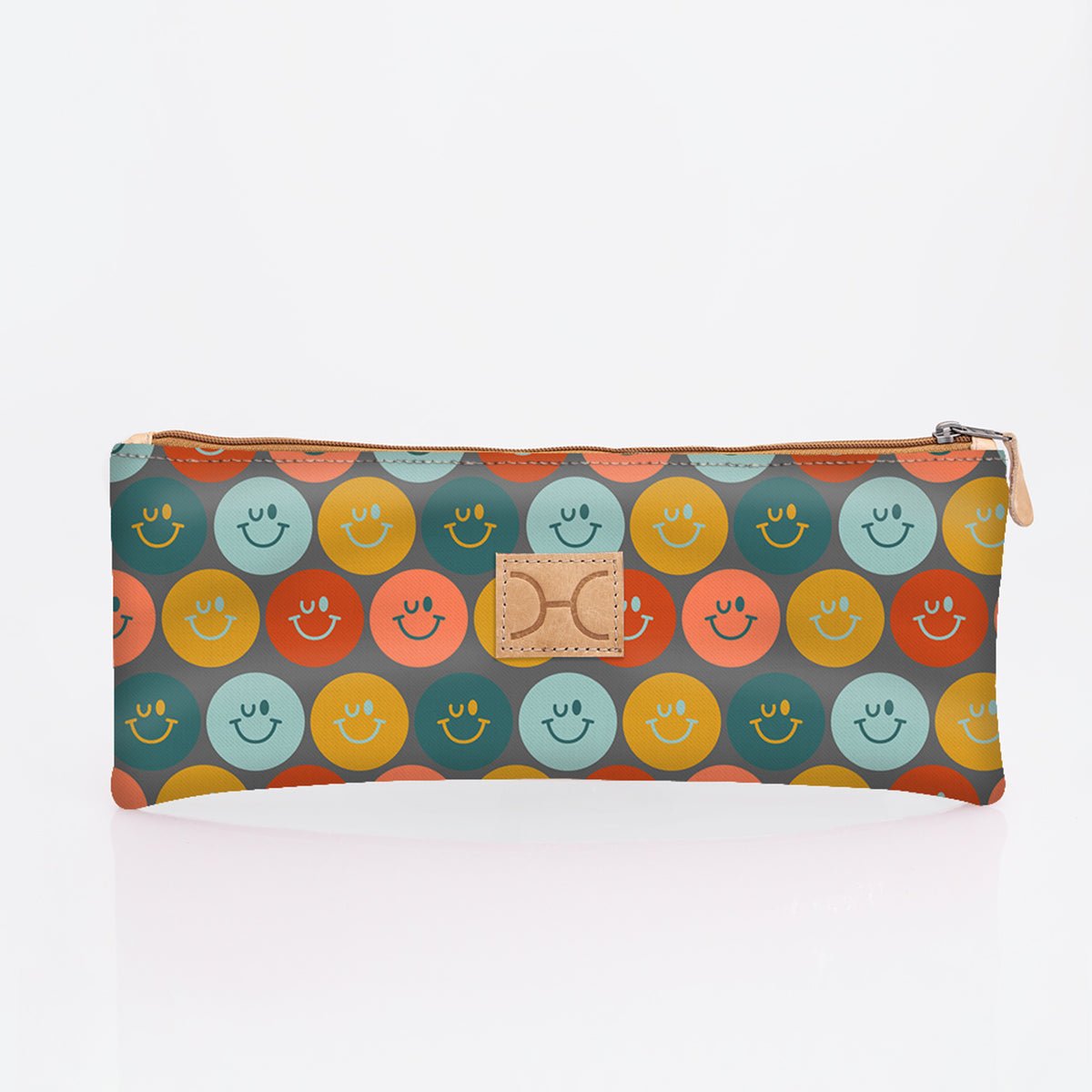 Kids Pencil Case Triple Zip | Laminated Fabric Smiley - Jet Pencil Case by Thandana