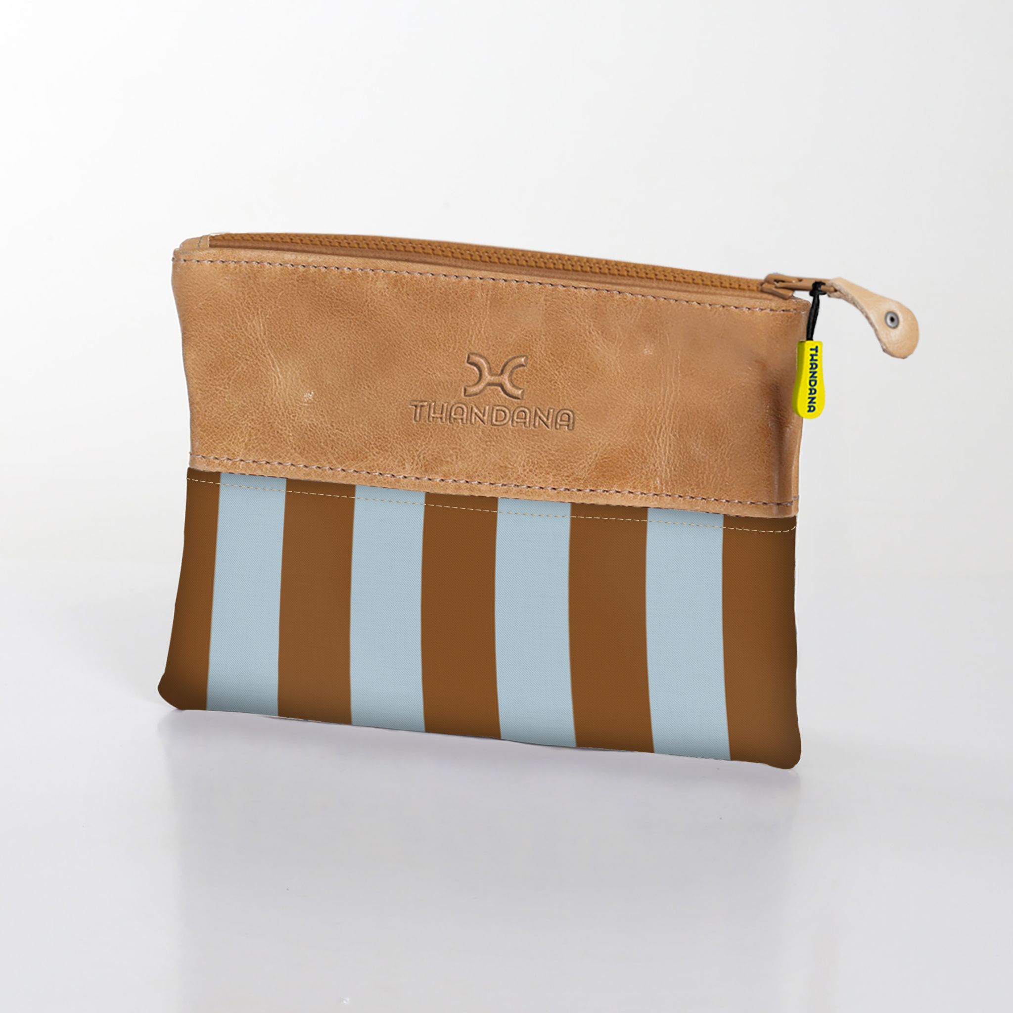 Kids Pouch | Laminated Fabric with Genuine Leather Coastal Stripe - Blue Pouch by Thandana