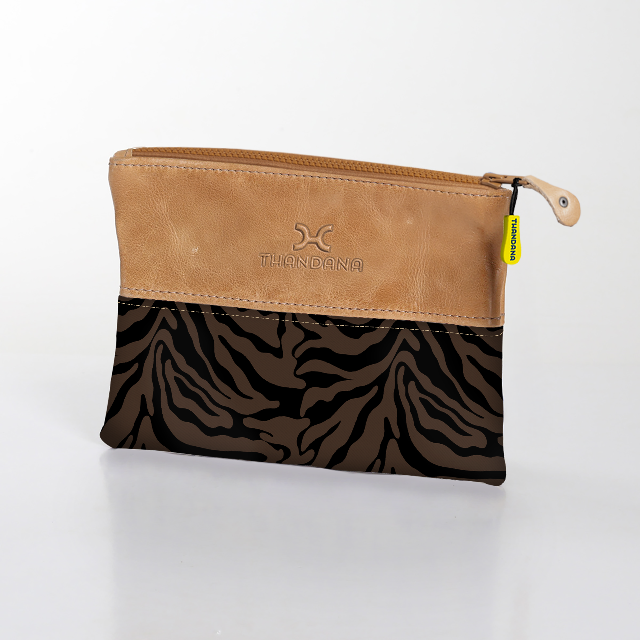 Kids Pouch | Laminated Fabric with Genuine Leather Nomad Stripe - Coffee Pouch by Thandana