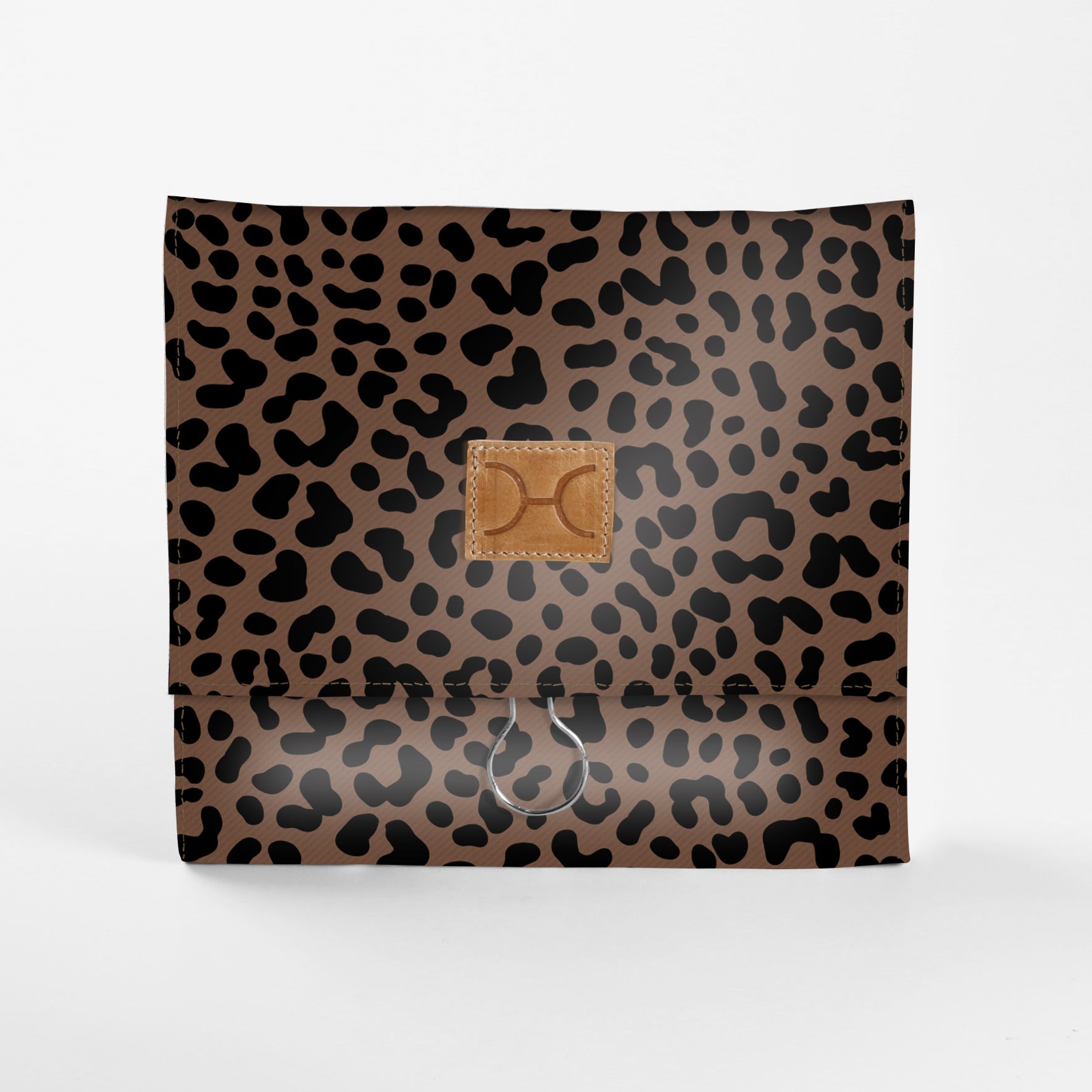 Kids Roll Up Toiletry | Laminated Fabric with Genuine Leather Cheetah - Coffee Roll Up Toiletry Fabric by Thandana