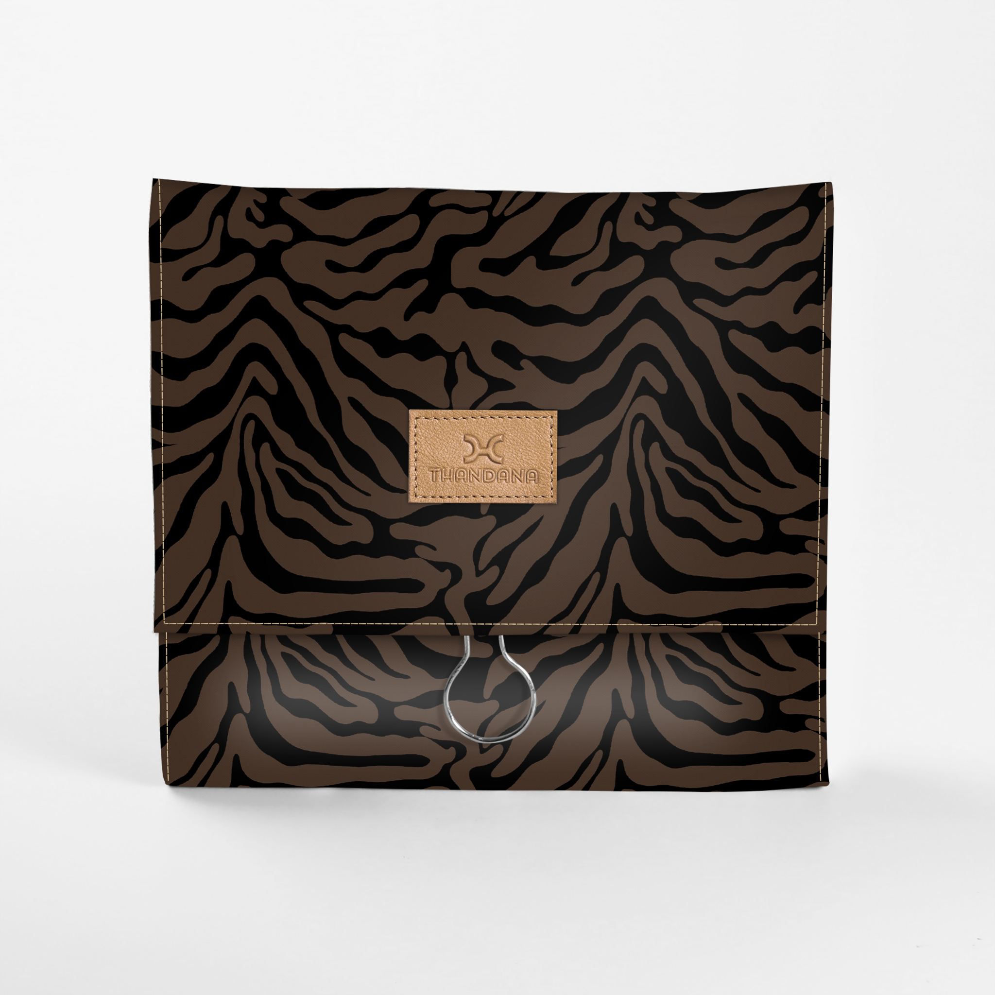 Kids Roll Up Toiletry | Laminated Fabric with Genuine Leather Nomad Stripe - Coffee Roll Up Toiletry Fabric by Thandana