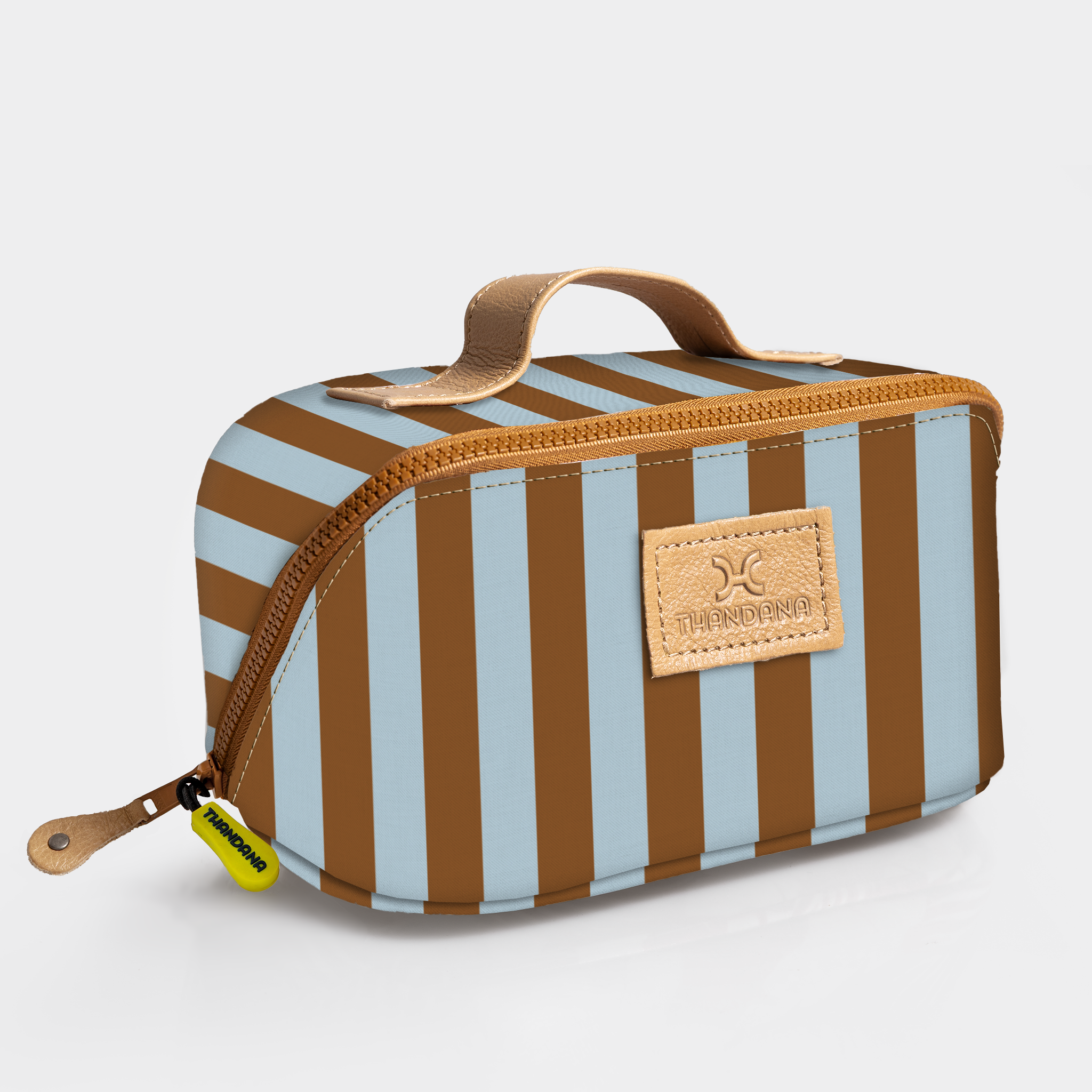 Kids Side Mouth Vanity Bag | Laminated Fabric with Genuine Leather Coastal Stripe - Blue Side Mouth Vanity Fabric