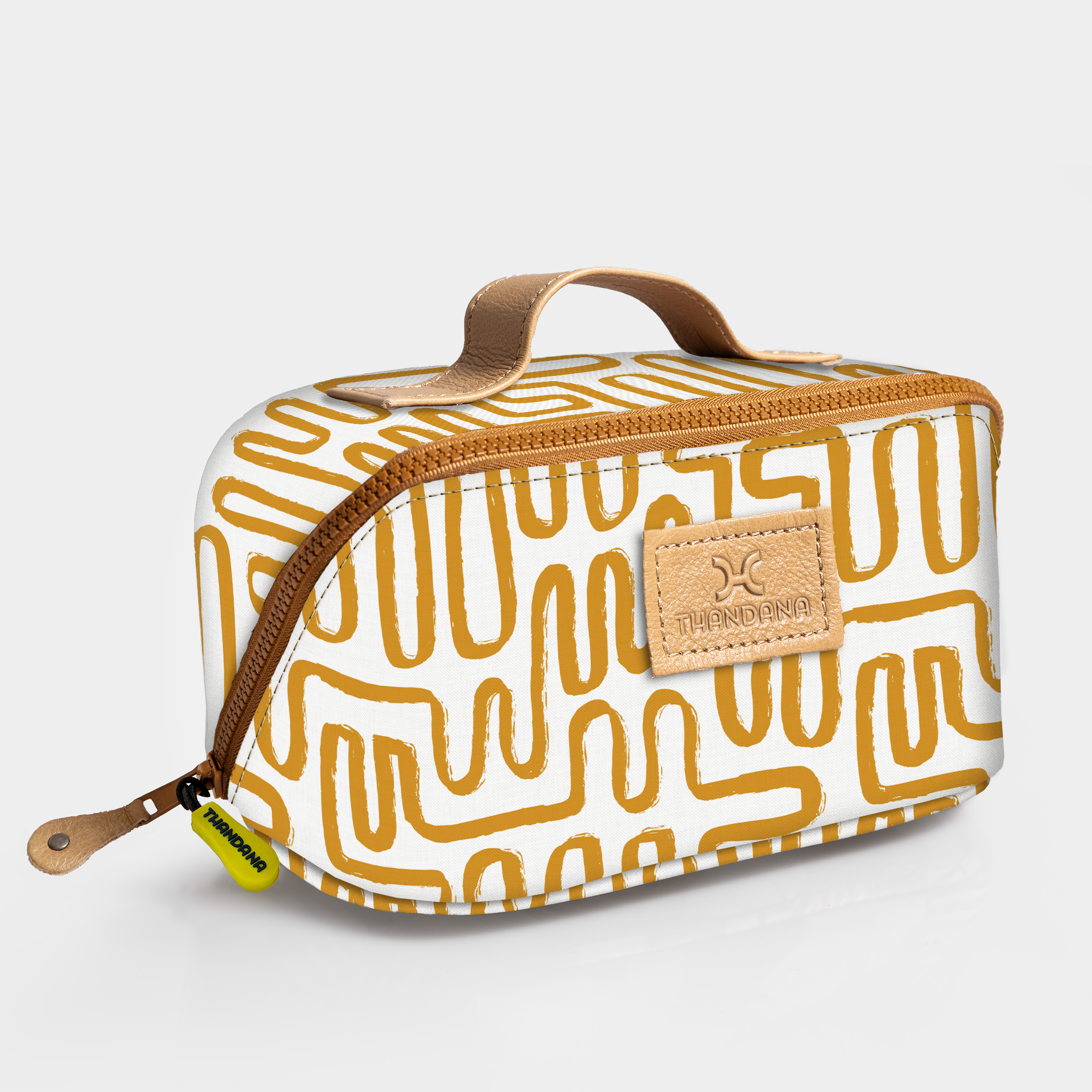 Kids Side Mouth Vanity Bag | Laminated Fabric with Genuine Leather Geo - Sand Side Mouth Vanity Fabric by Thandana