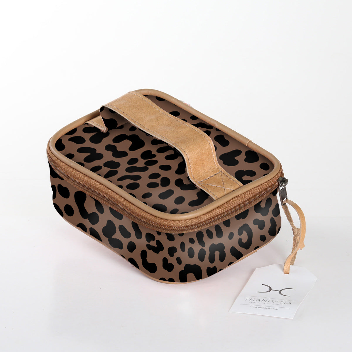 Kids Single Toiletry | Laminated Fabric with Genuine Leather Cheetah – Coffee / Chunky Zip (new) Single Toiltery Fabric
