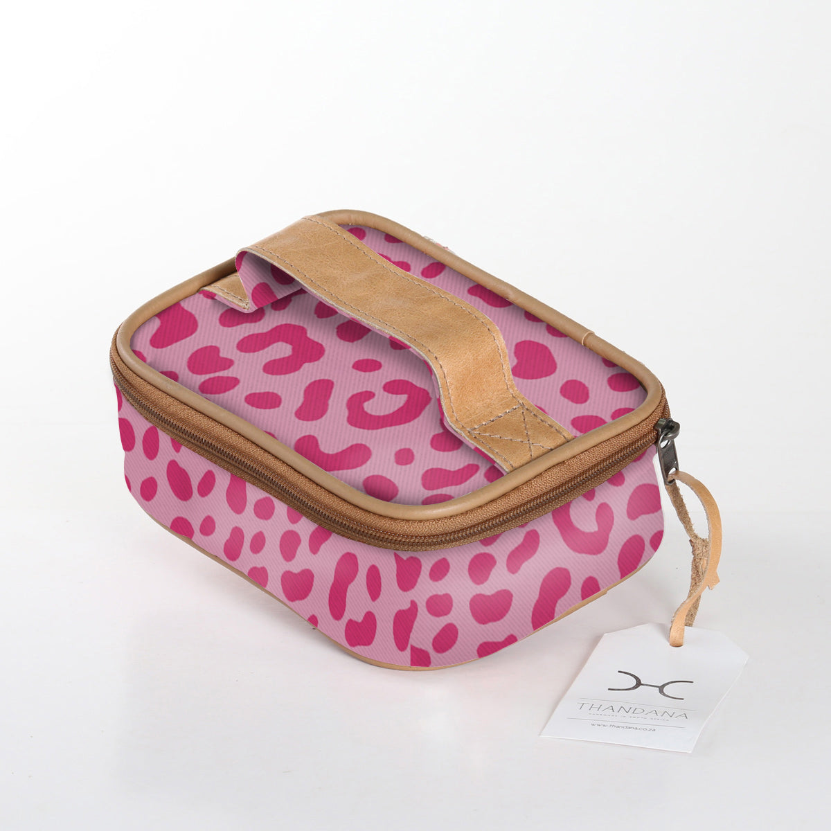 Kids Single Toiletry | Laminated Fabric with Genuine Leather Cheetah – Pink / Chunky Zip (new) Single Toiltery Fabric