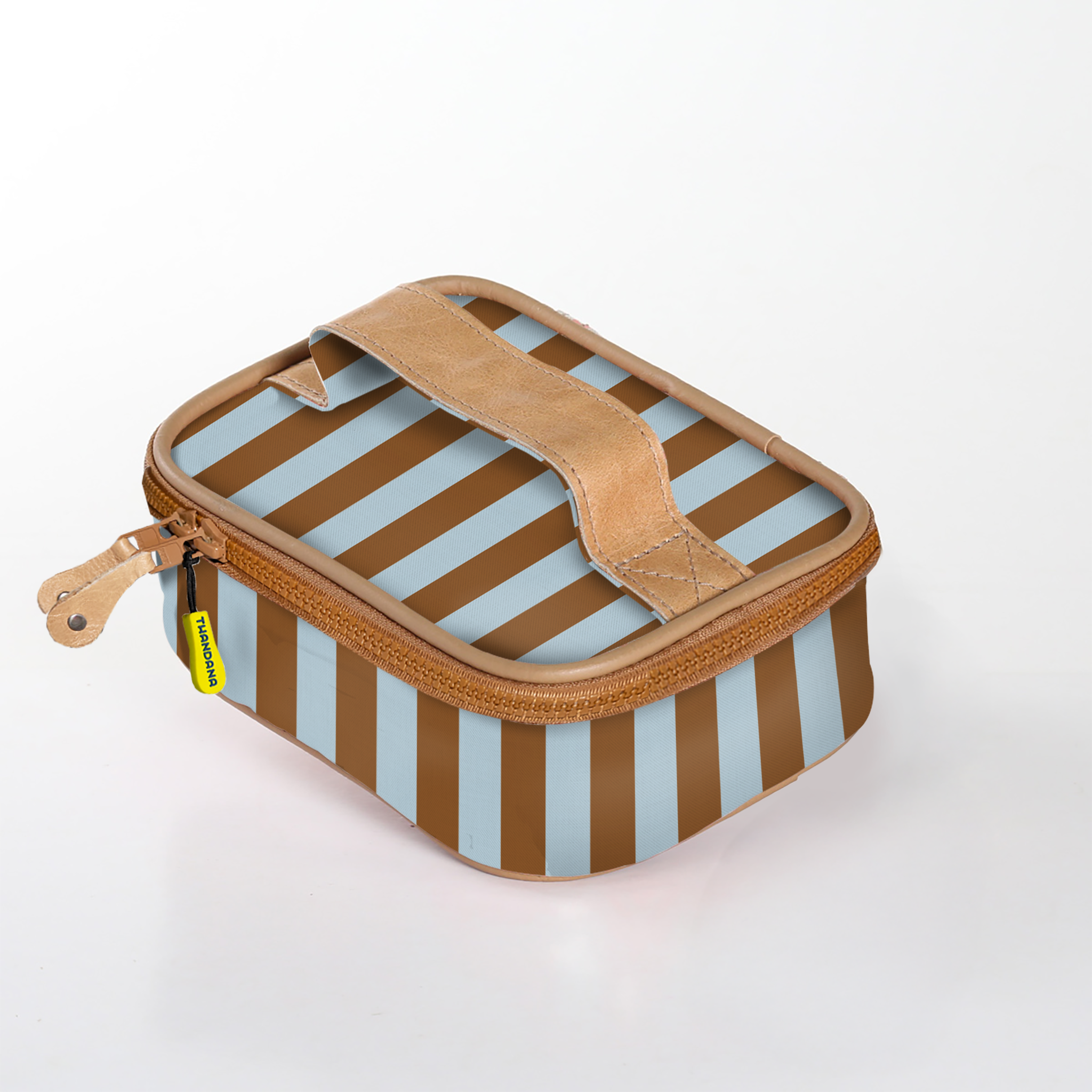 Kids Single Toiletry | Laminated Fabric with Genuine Leather Coastal Stripe - Blue / Chunky Zip (new) Single Toiltery