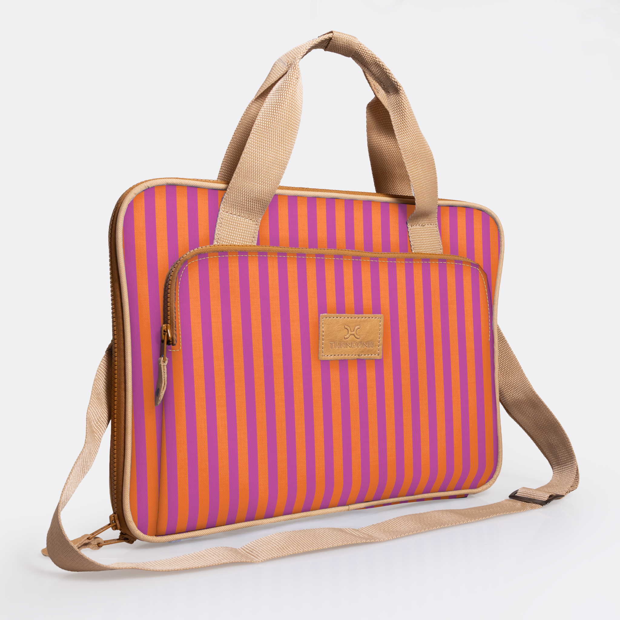 Kids Slimline Laptop Bag 15’ | Laminated Fabric with Genuine Leather Linear - Preppy Laptop Fabric Bag by Thandana