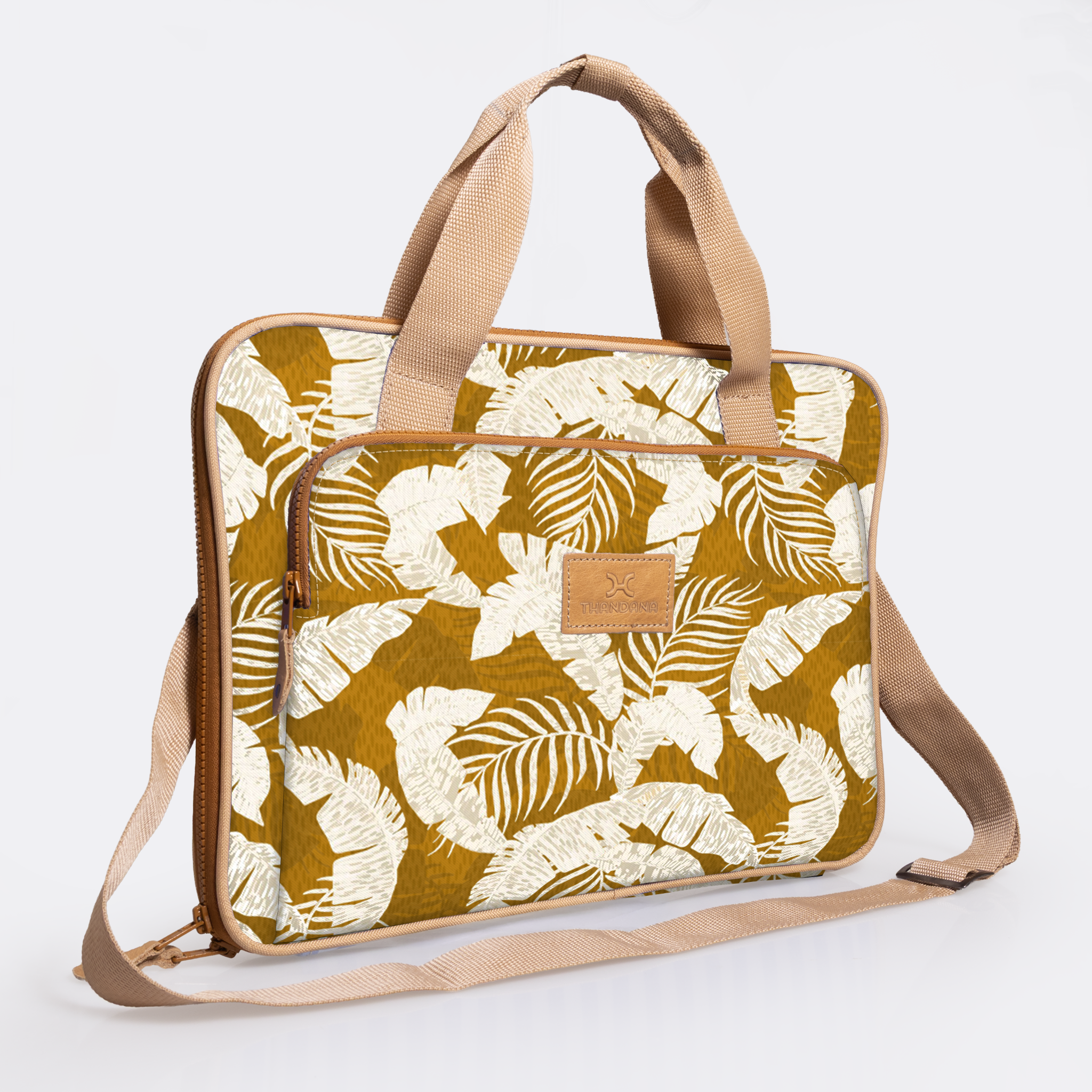 Kids Slimline Laptop Bag 15’ | Laminated Fabric with Genuine Leather Fauna - Earth Laptop Fabric Bag by Thandana