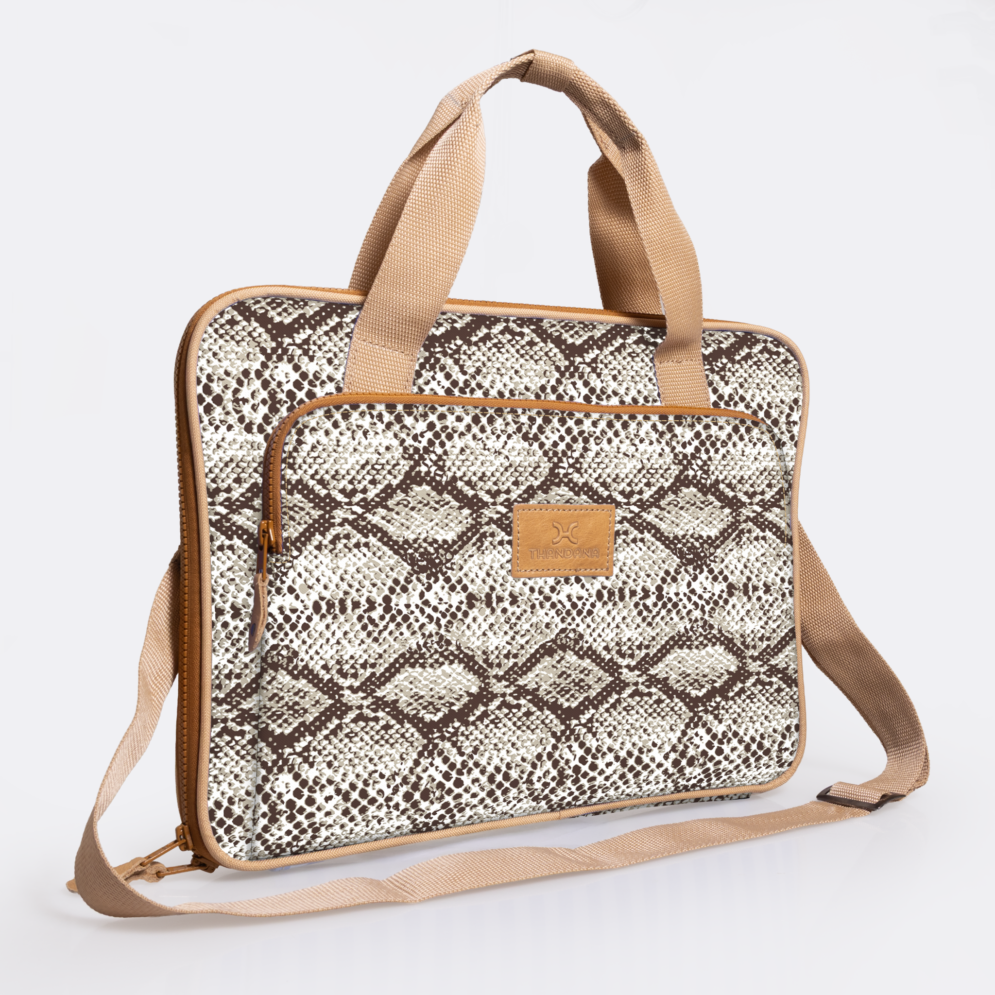 Kids Slimline Laptop Bag 15’ | Laminated Fabric with Genuine Leather Python - Moody Laptop Fabric Bag by Thandana