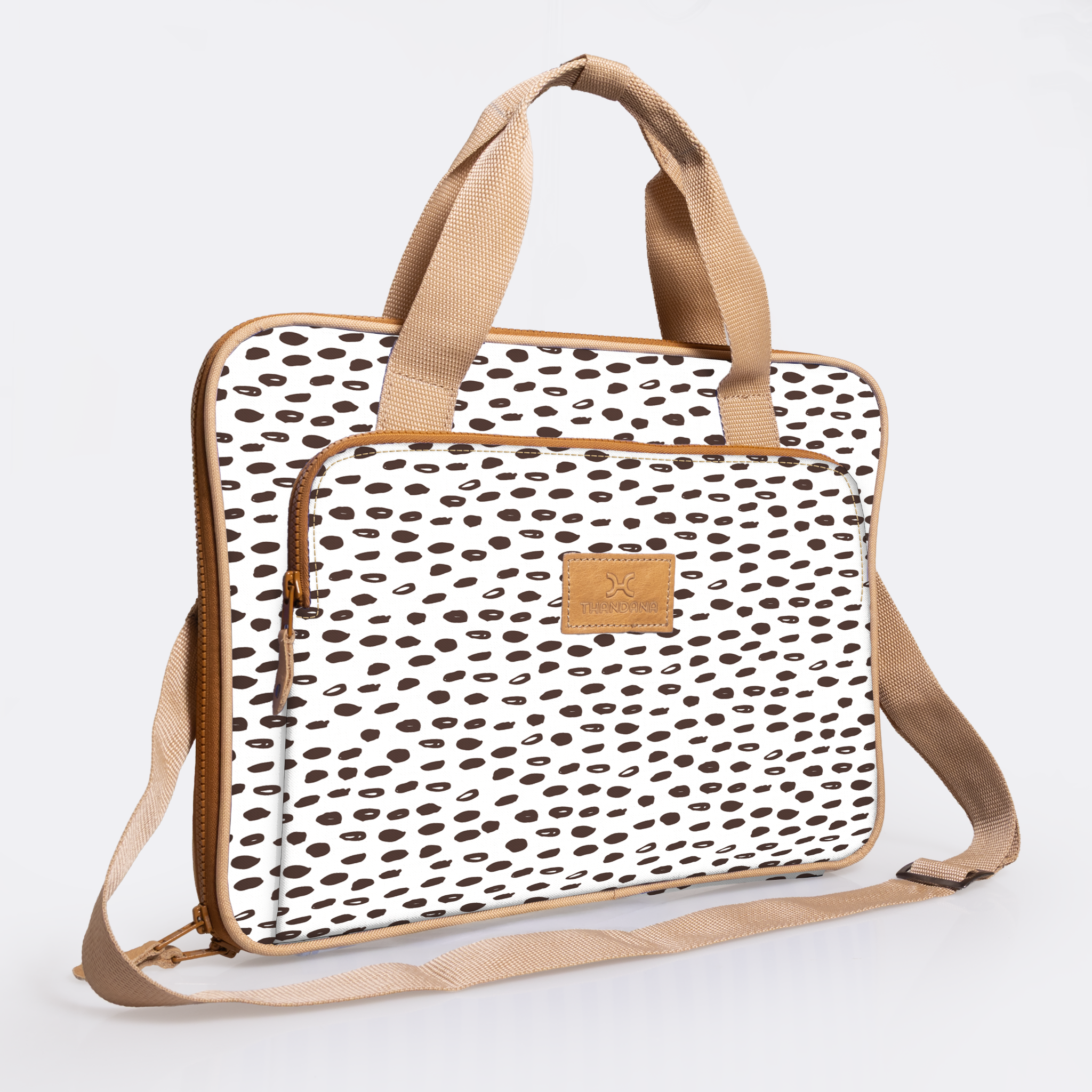 Kids Slimline Laptop Bag 15’ | Laminated Fabric with Genuine Leather Seeds - White Laptop Fabric Bag by Thandana