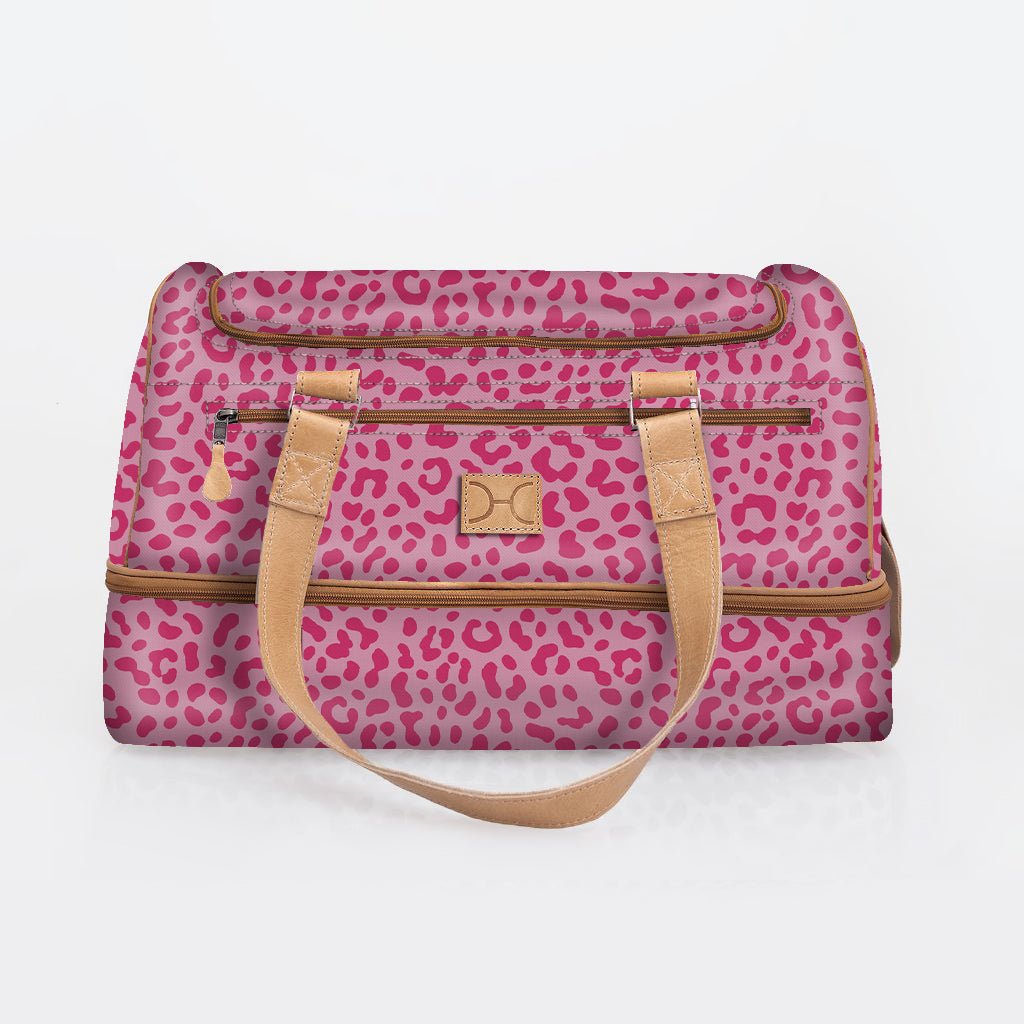 Kids Travel Golf Bag | Laminated Fabric with Genuine Leather Cheetah - Pink / Chunky Zip Travel Golf Bag Laminated