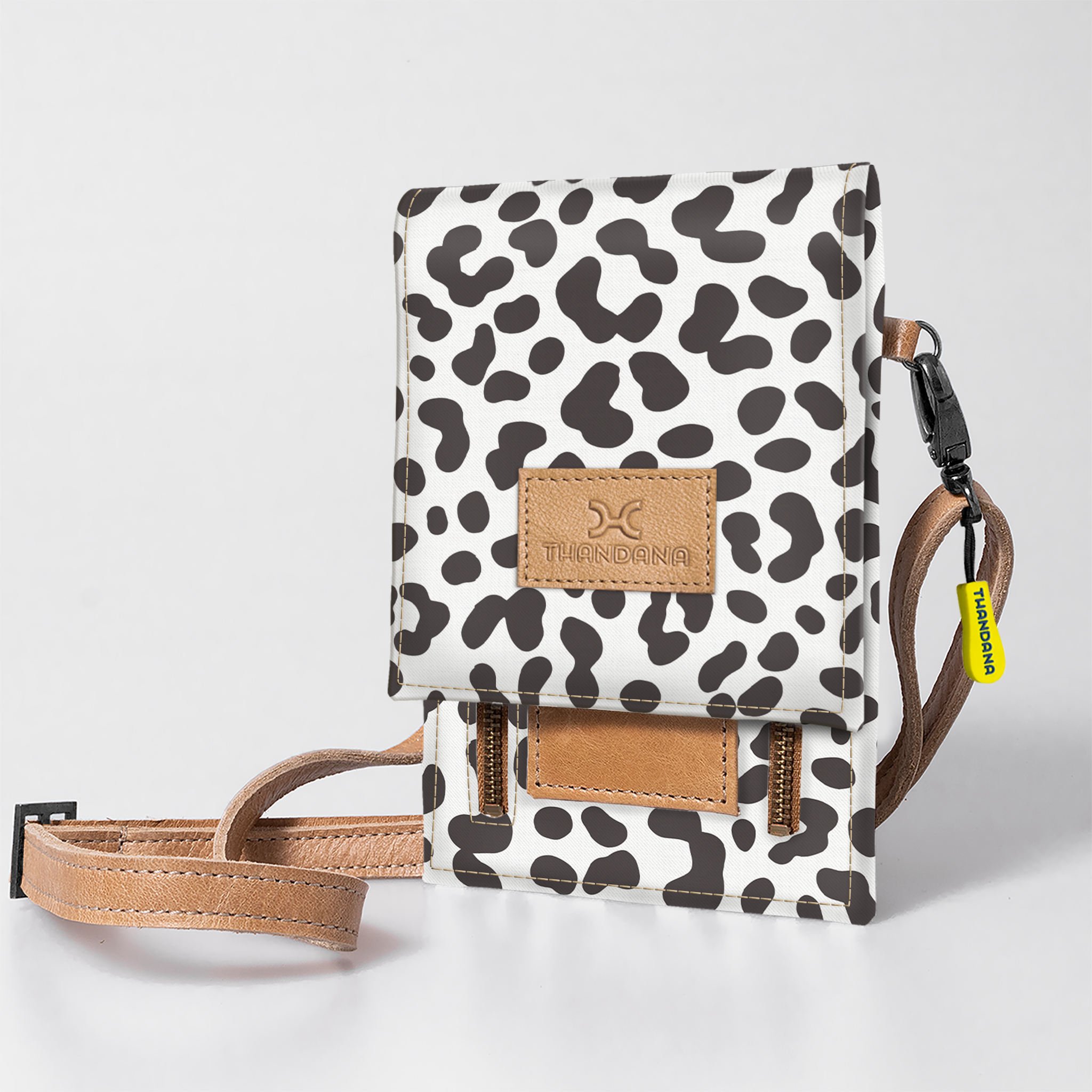 Kids Urban Cellphone Sling | Laminated Fabric with Genuine Leather Cheetah - White / Chunky Zip Kids Urban Sling