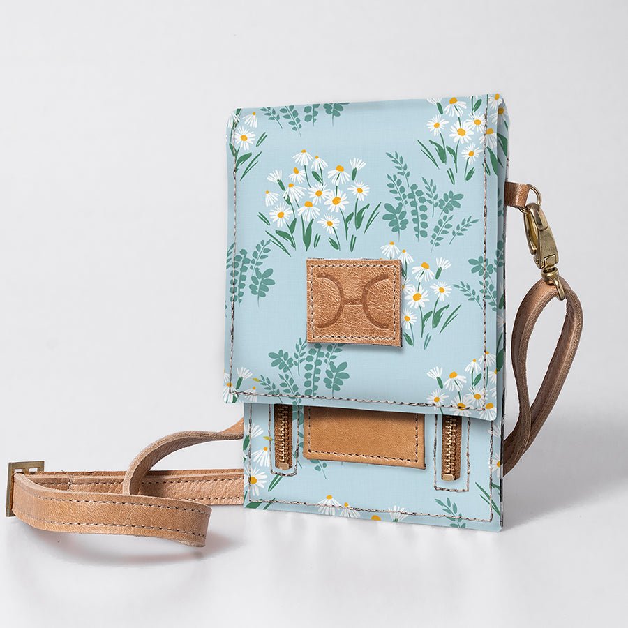 Kids Urban Cellphone Sling | Laminated Fabric with Genuine Leather Crazy Daisy - Sage / Chunky Zip Kids Urban Sling