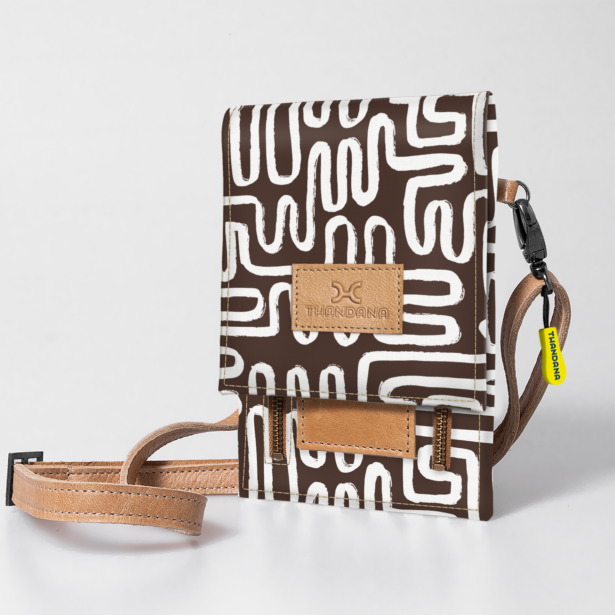 Kids Urban Cellphone Sling | Laminated Fabric with Genuine Leather Geo - Black / Chunky Zip Kids Urban Sling by Thandana