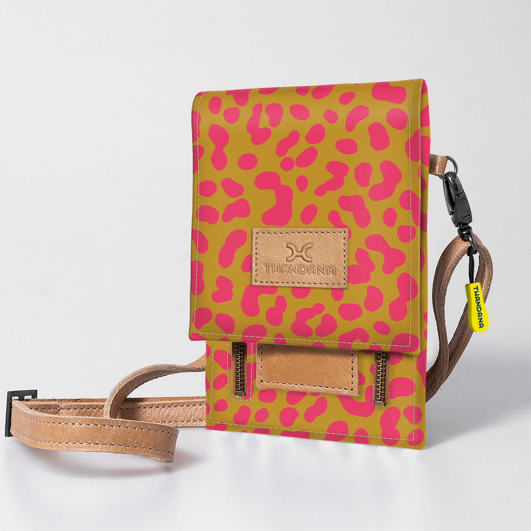 Kids Urban Cellphone Sling | Laminated Fabric with Genuine Leather Cheetah - Preppy / Chunky Zip Kids Urban Sling