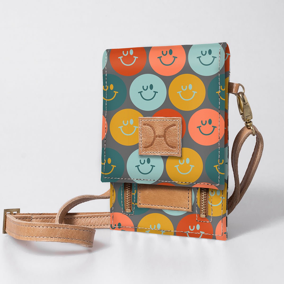 Kids Urban Cellphone Sling | Laminated Fabric with Genuine Leather Smiley - Jet / Chunky Zip Kids Urban Sling