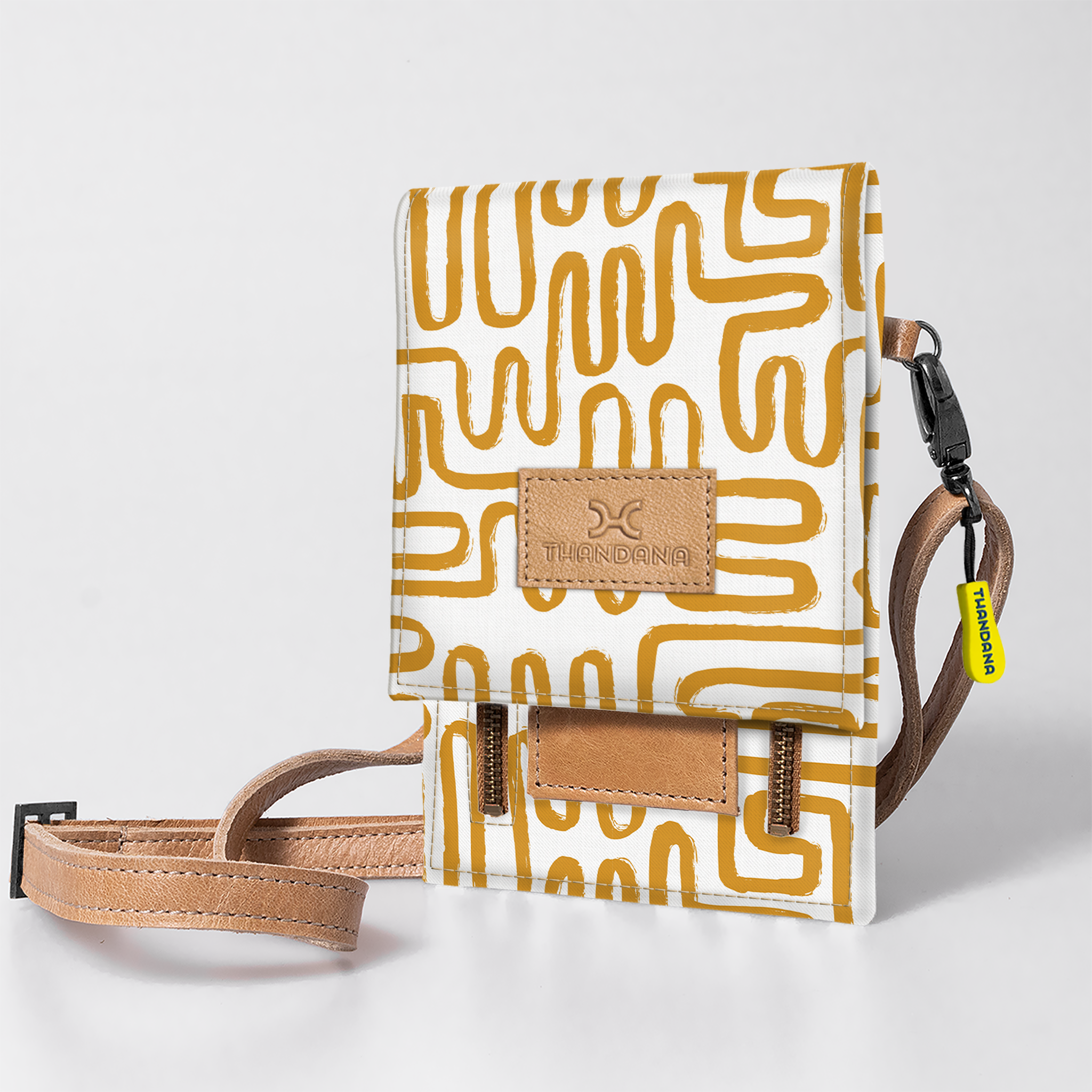 Kids Urban Cellphone Sling | Laminated Fabric with Genuine Leather Geo - Sand / Chunky Zip Kids Urban Sling by Thandana