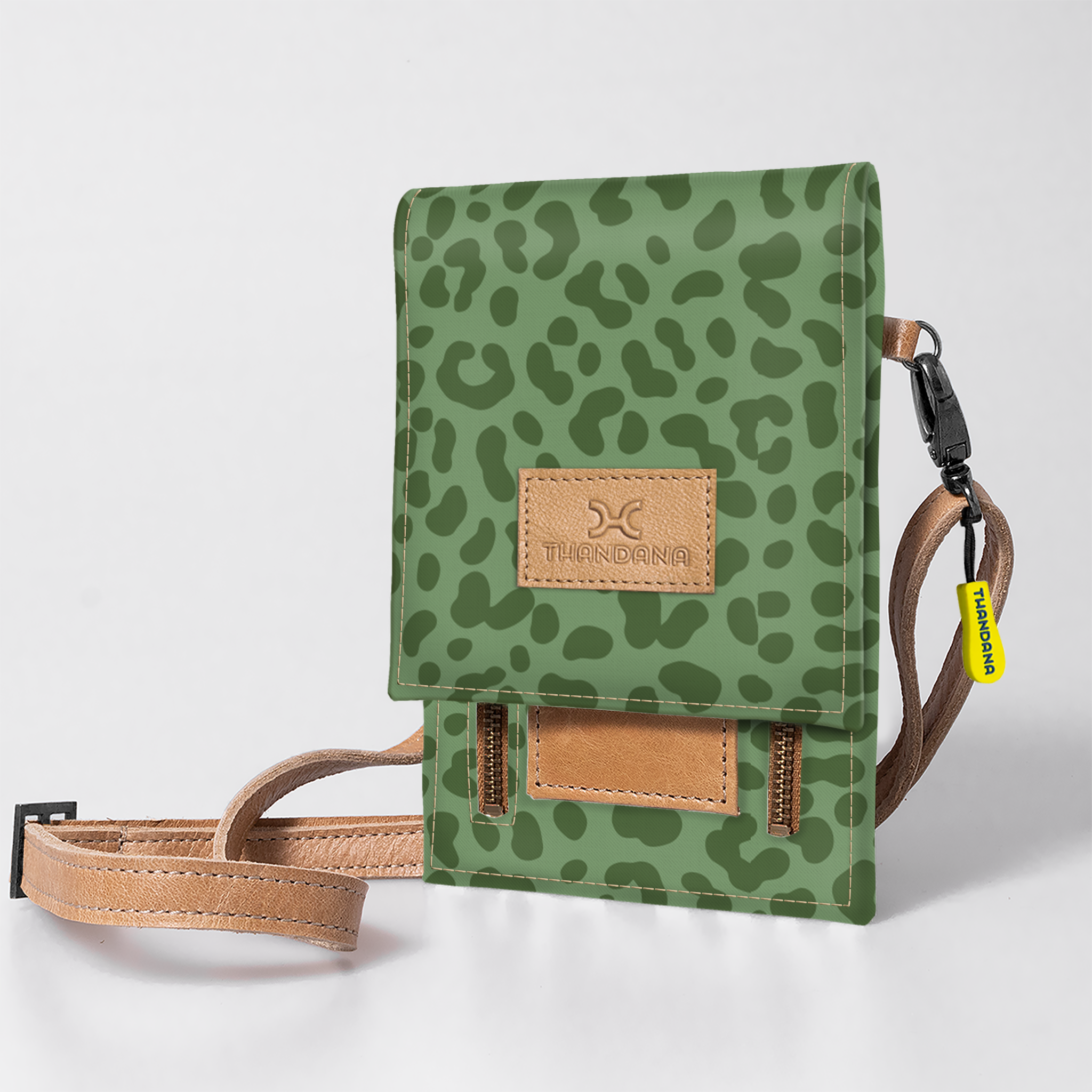 Kids Urban Cellphone Sling | Laminated Fabric with Genuine Leather Cheetah - Olive / Chunky Zip Kids Urban Sling