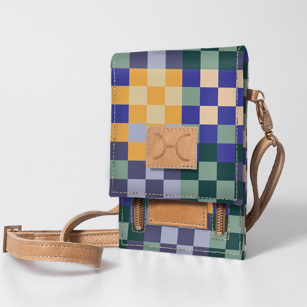 Kids Urban Cellphone Sling | Laminated Fabric with Genuine Leather Checker - Jet / Chunky Zip Kids Urban Sling