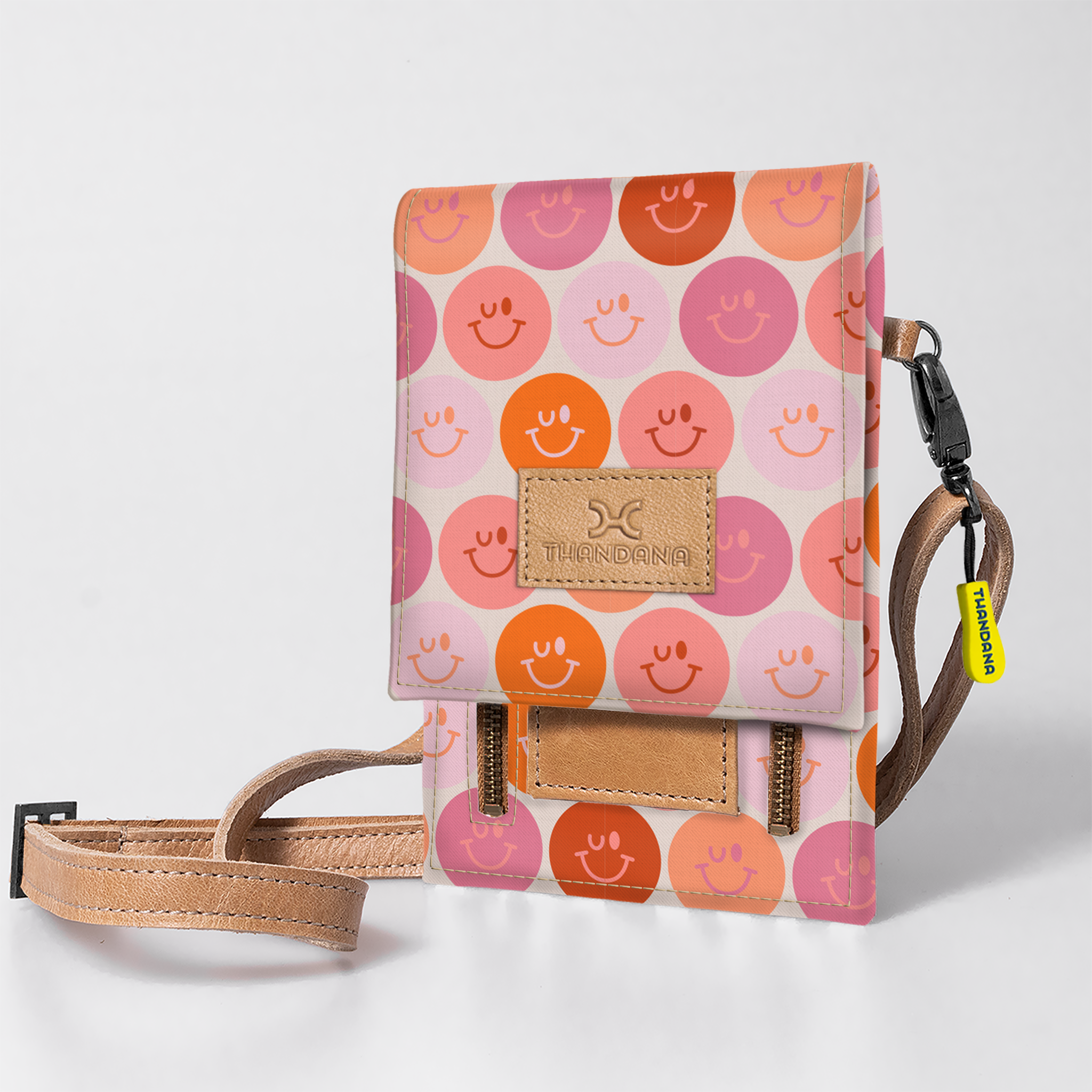 Kids Urban Cellphone Sling | Laminated Fabric with Genuine Leather Smiley - Blush / Chunky Zip Kids Urban Sling