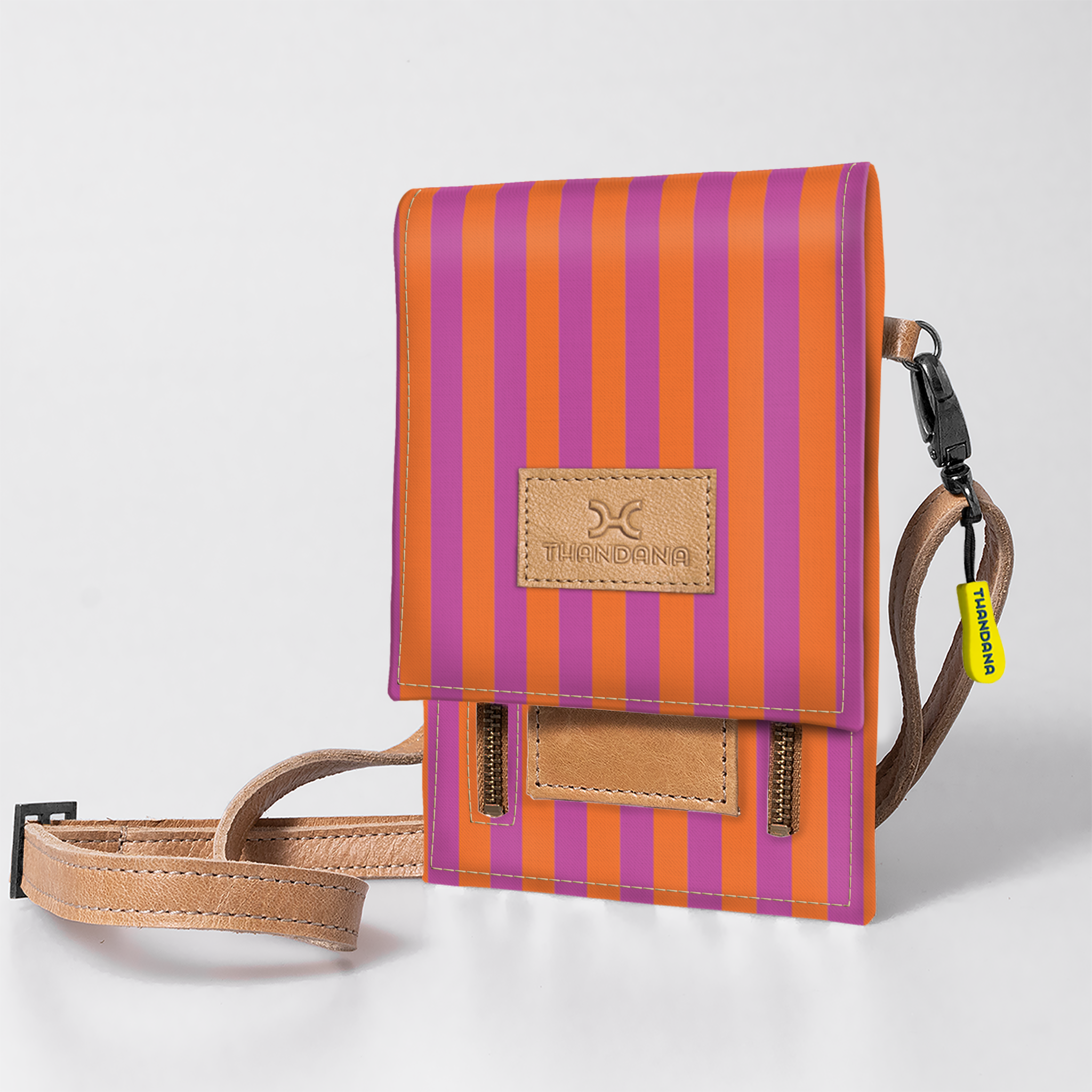Kids Urban Cellphone Sling | Laminated Fabric with Genuine Leather Linear - Preppy / Chunky Zip Kids Urban Sling