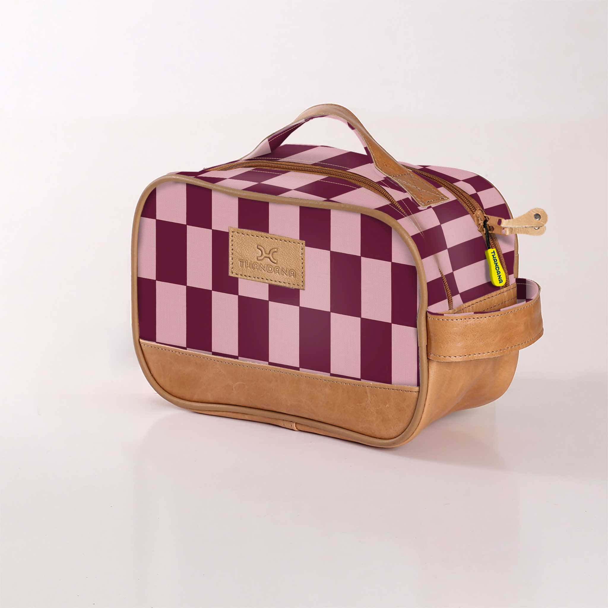 Kids Vanity Bag | Laminated Fabric with Genuine Leather Checkmate - Cherry Vanity Fabric by Thandana