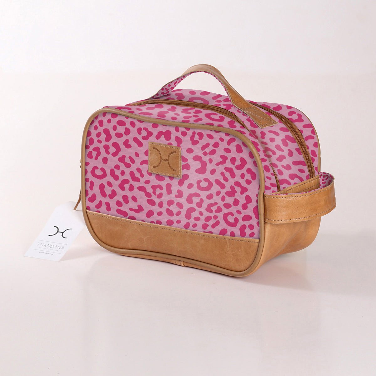 Kids Vanity Bag | Laminated Fabric with Genuine Leather Cheetah - Pink Vanity Fabric by Thandana