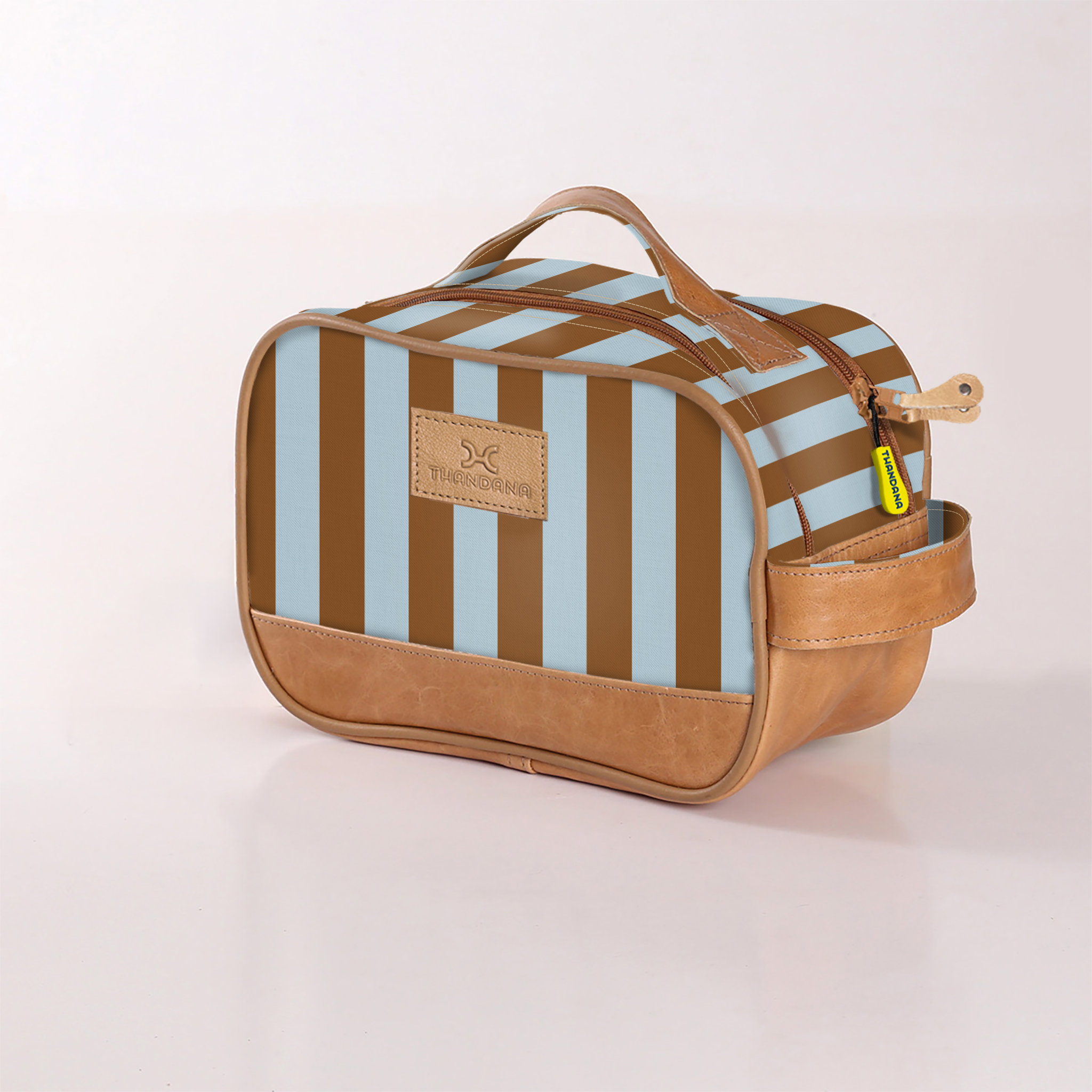 Kids Vanity Bag | Laminated Fabric with Genuine Leather Coastal Stripe - Blue Vanity Fabric by Thandana