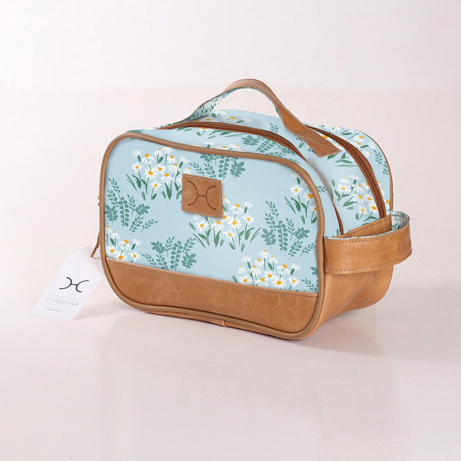 Kids Vanity Bag | Laminated Fabric with Genuine Leather Crazy Daisy - Sage Vanity Fabric by Thandana