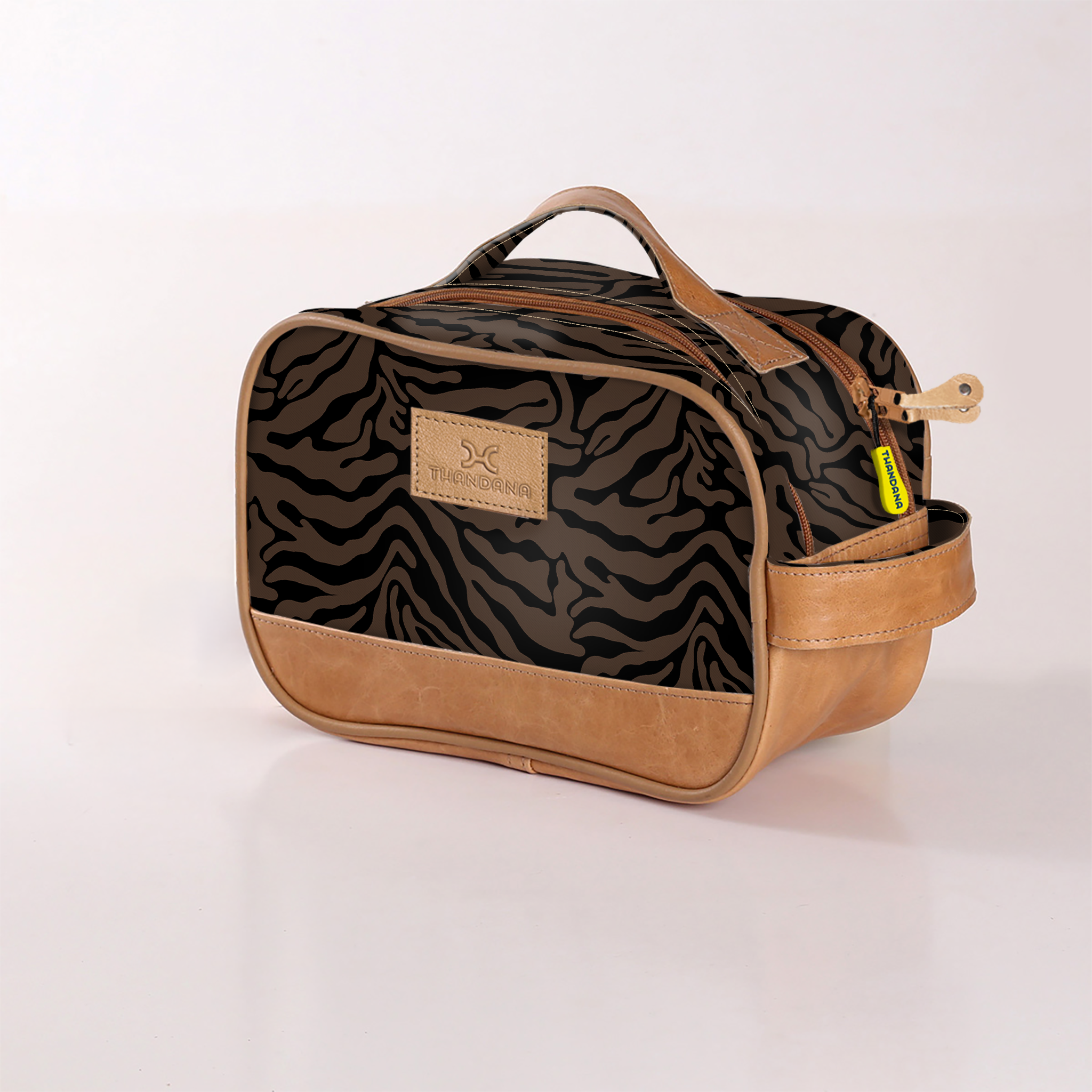 Kids Vanity Bag | Laminated Fabric with Genuine Leather Nomad Stripe - Coffee Vanity Fabric by Thandana