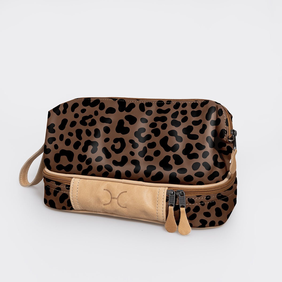 Kids Wash Bag | Laminated Fabric with Genuine Leather Cheetah - Coffee Vanity Fabric by Thandana