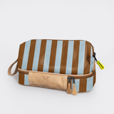 Kids Wash Bag | Laminated Fabric with Genuine Leather Coastal Stripe - Blue Vanity Fabric by Thandana