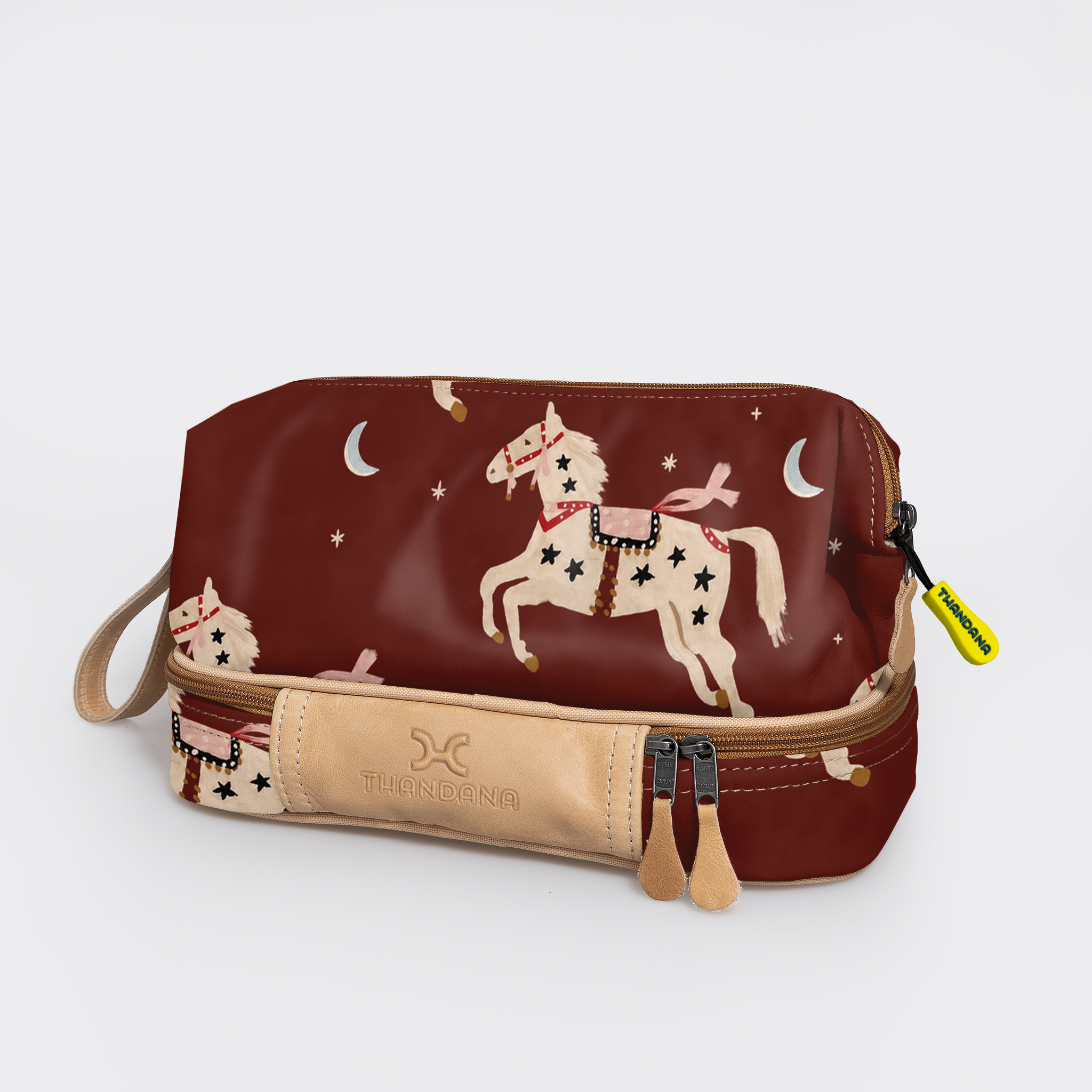 Kids Wash Bag | Laminated Fabric with Genuine Leather Midnight Pony - Cherry Vanity Fabric by Thandana