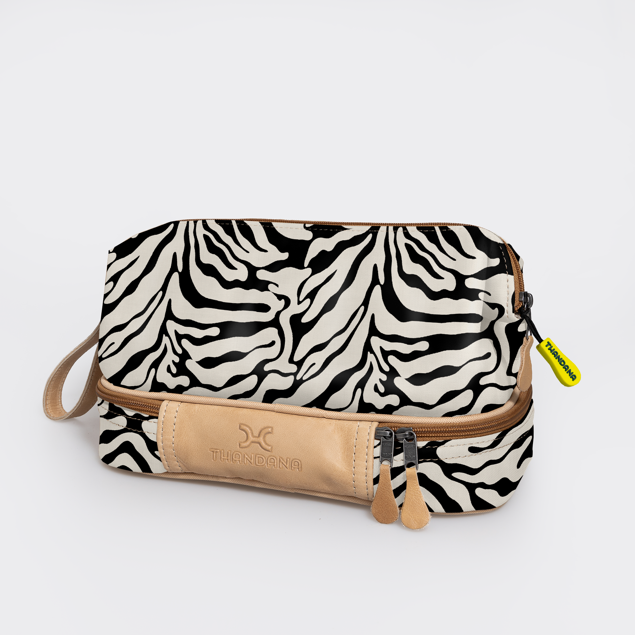 Kids Wash Bag | Laminated Fabric with Genuine Leather Nomad Stripe - Pitch Vanity Fabric by Thandana