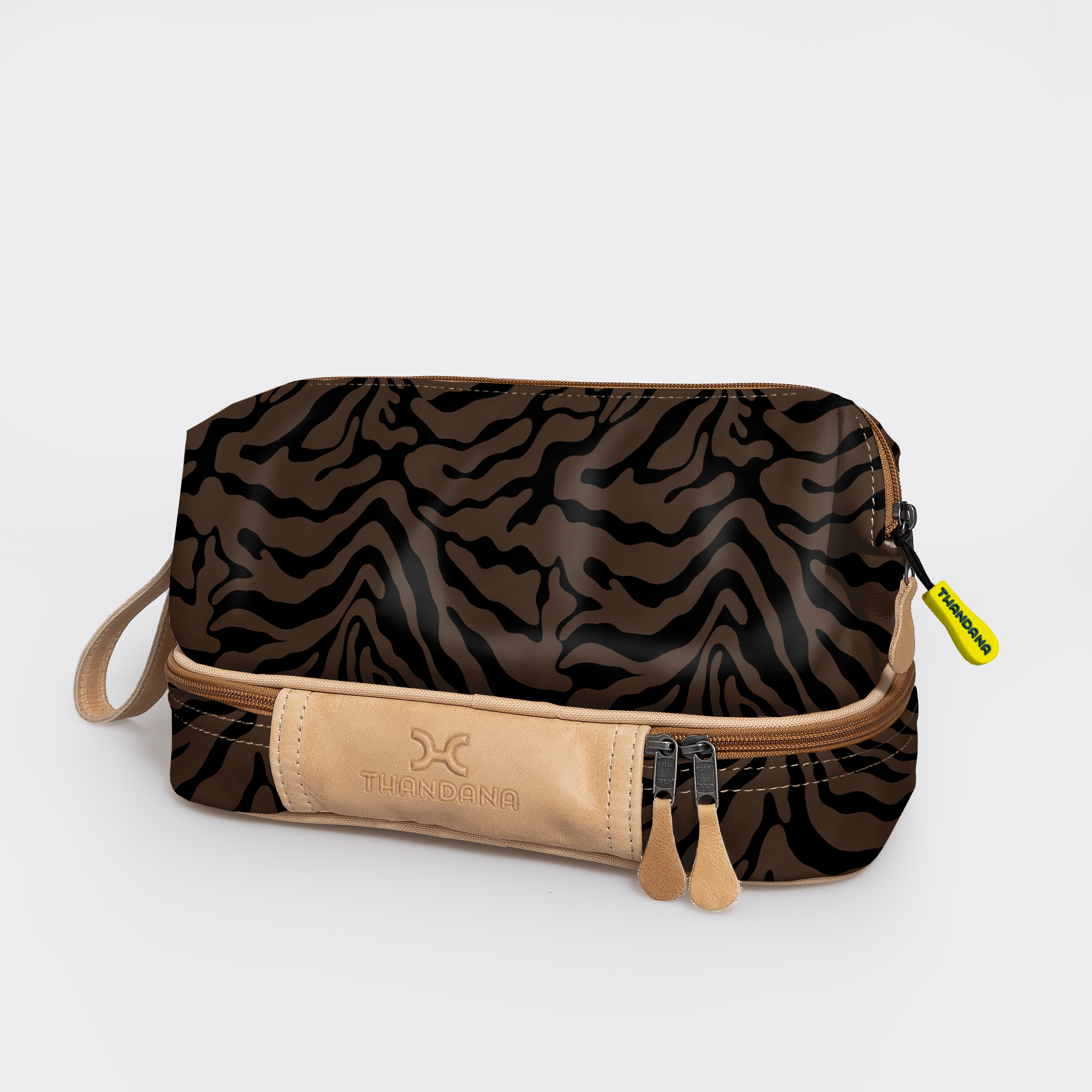 Kids Wash Bag | Laminated Fabric with Genuine Leather Nomad Stripe - Coffee Vanity Fabric by Thandana